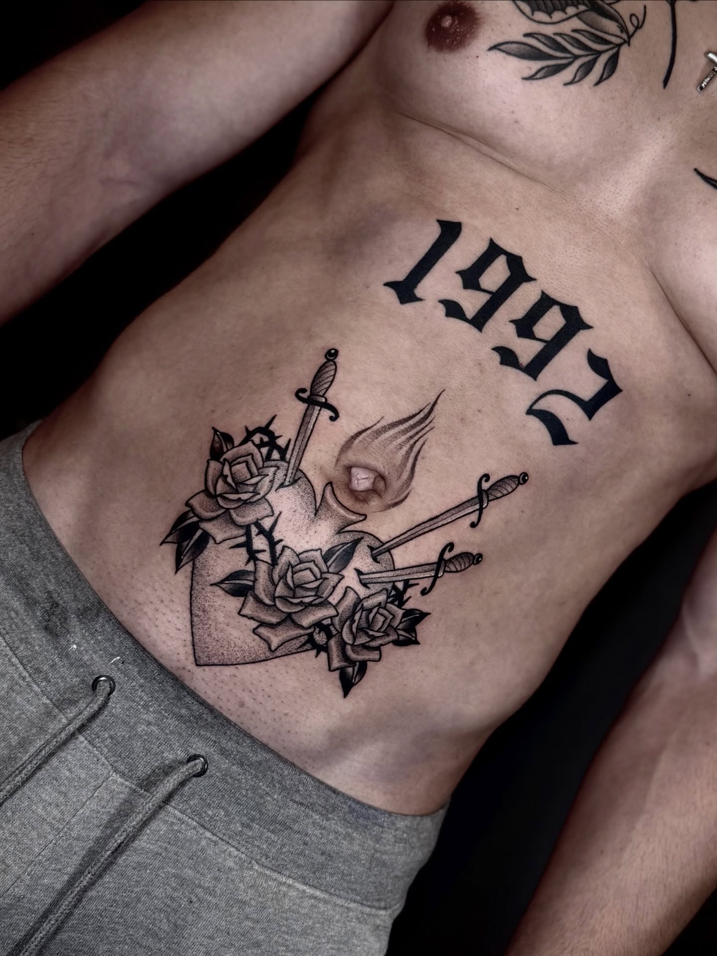 Heart with swords and roses black and grey tattoo on the ribs by ♡ Erika Soya ♡