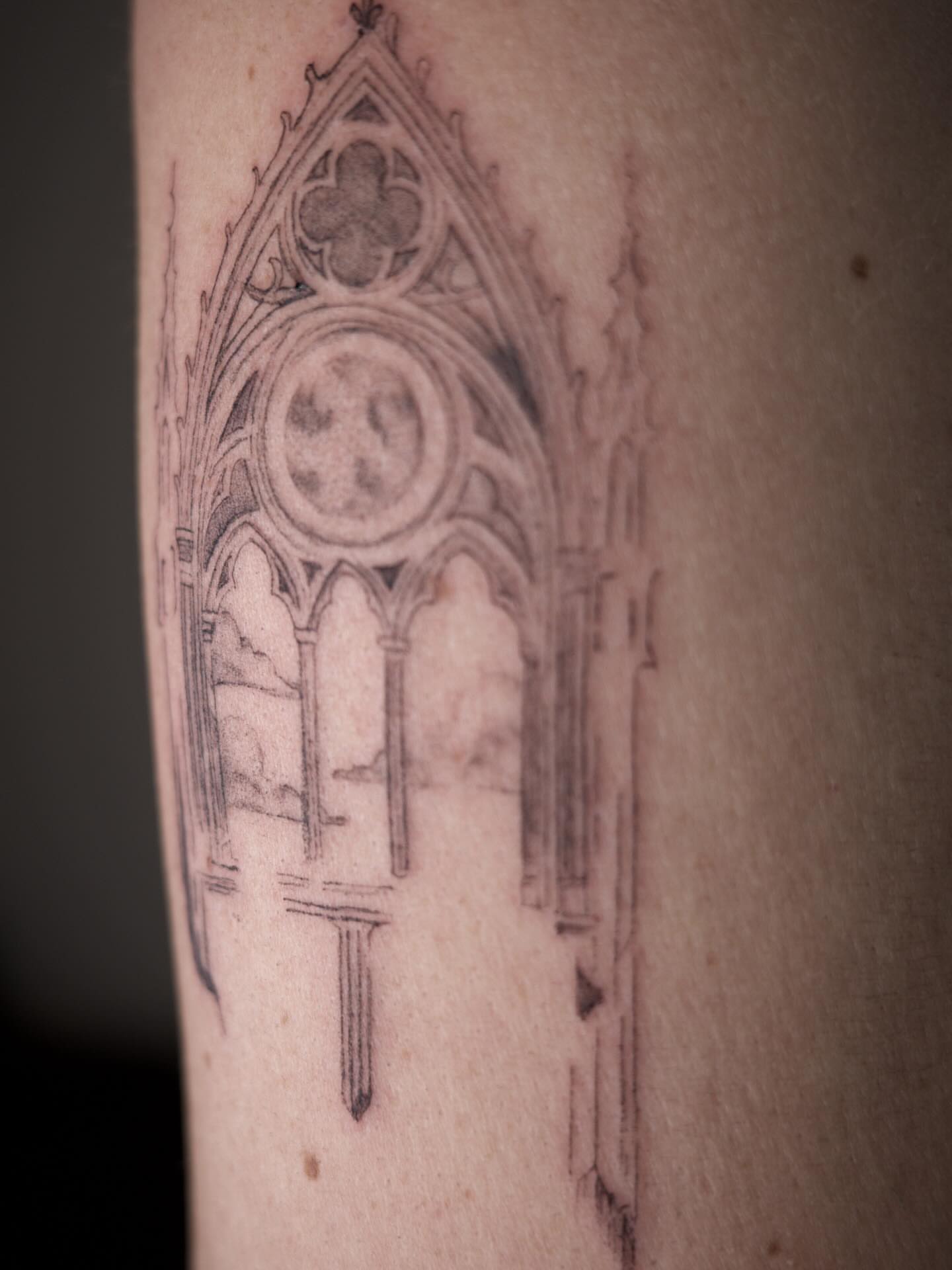 Gothic window black and grey tattoo on the forearm by It’s ya girl, KB
