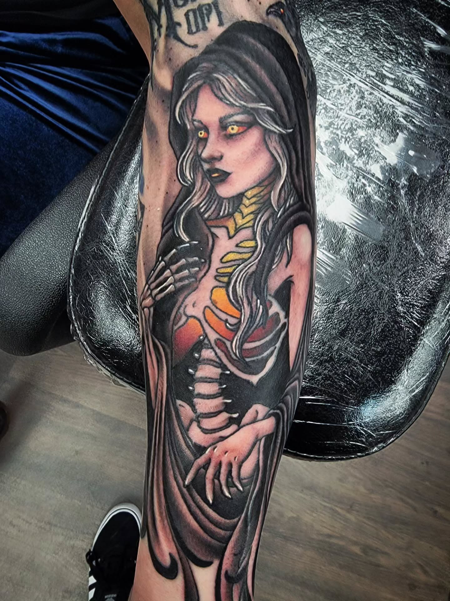 Female skeleton realism tattoo on the forearm by Chantel Chan, Portland, Oregon