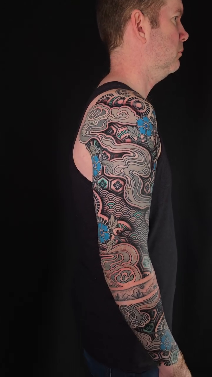 Full sleeve pattern japanese irezumi tattoo by Kevin Ligabue