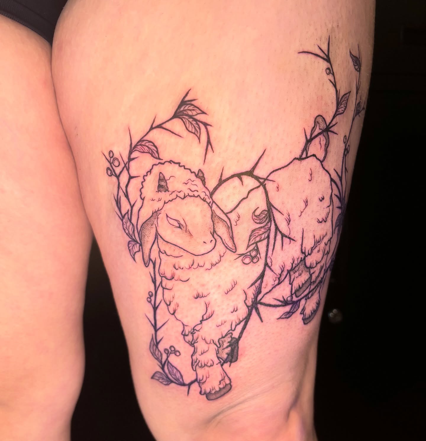 Sheep black and grey tattoo on the thigh by Kiwi🌱☀️