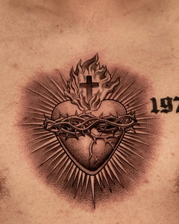 Sacred Heart with crown of thorns dotwork tattoo by John Perez