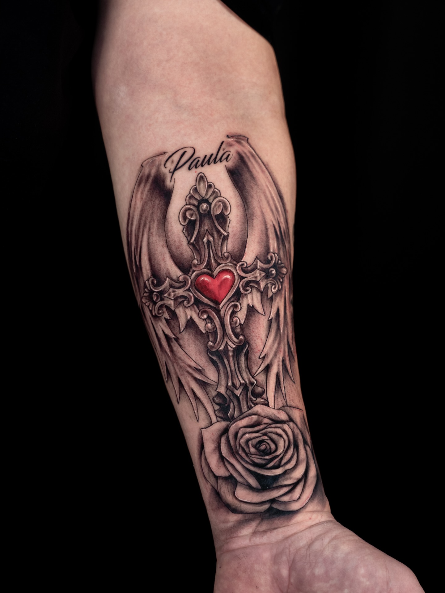 Angel wings with heart ornamental tattoo on the forearm by ♠️KEITHKUSTOM♠️ San Antonio Tattoo Artist