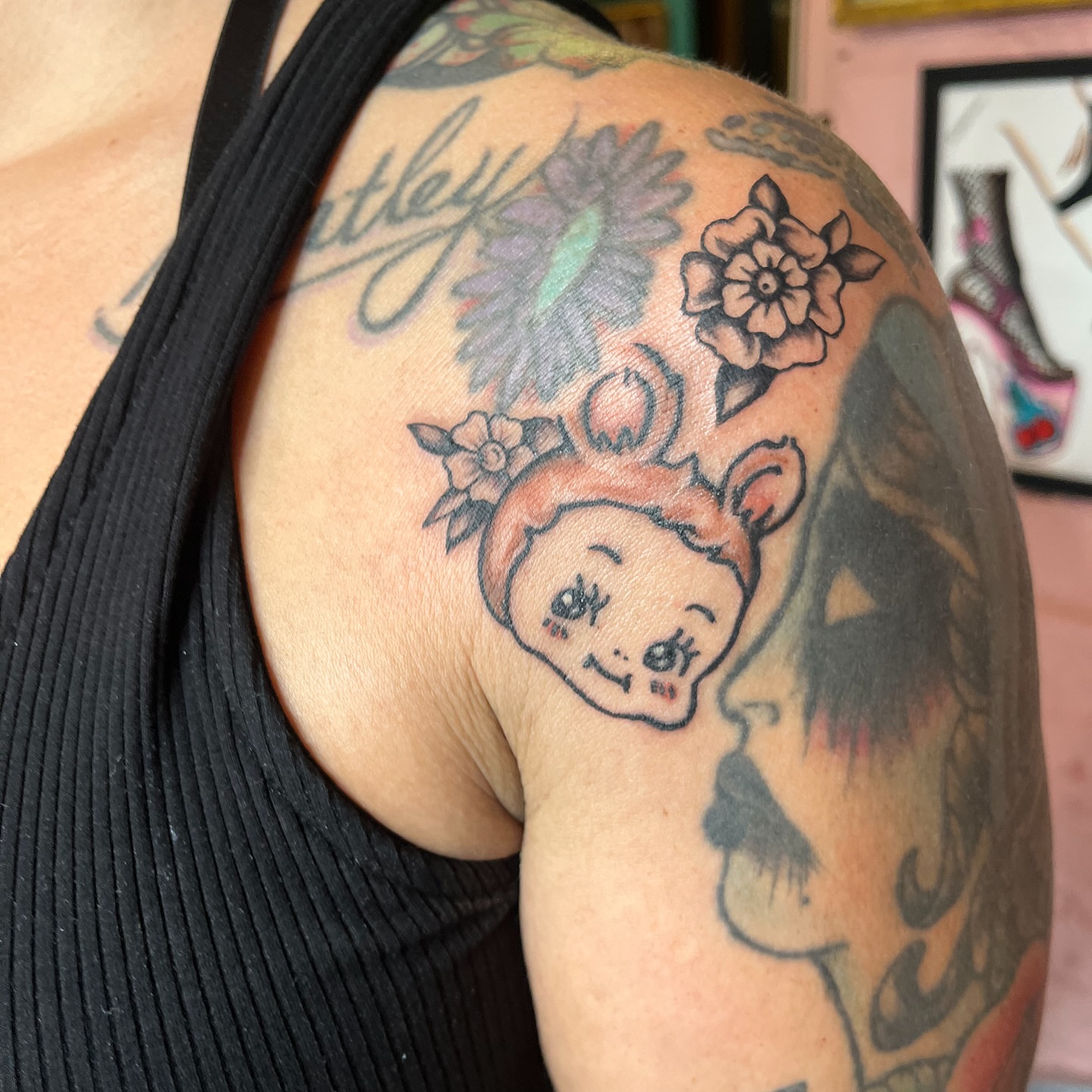 Doll head American traditional tattoo on the shoulder by ✨ Chris ✨