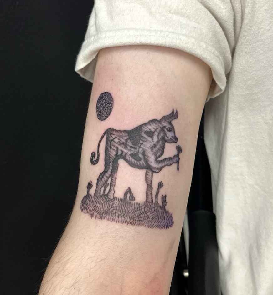 Bull and moon dotwork tattoo on the forearm by LooSid