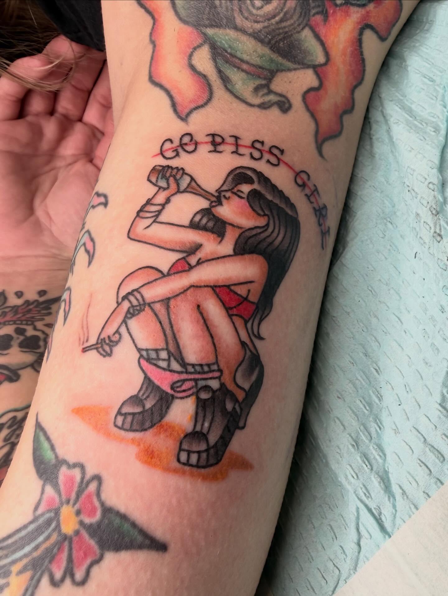 Woman drinking American traditional tattoo on the forearm by Mika Clairissa