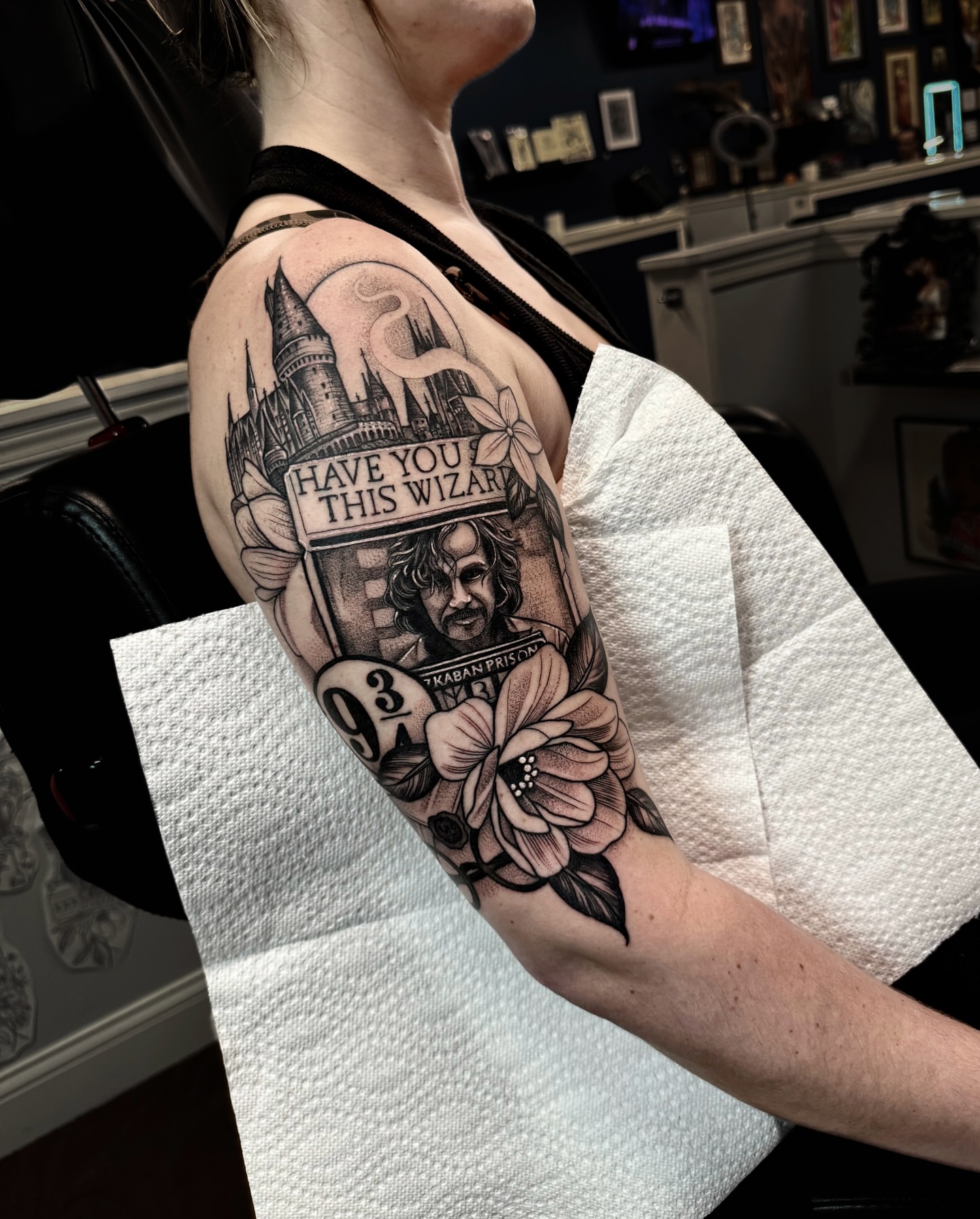 Harry potter poster black and grey tattoo on the forearm by ⚡️ Krissy Fabis ⚡️