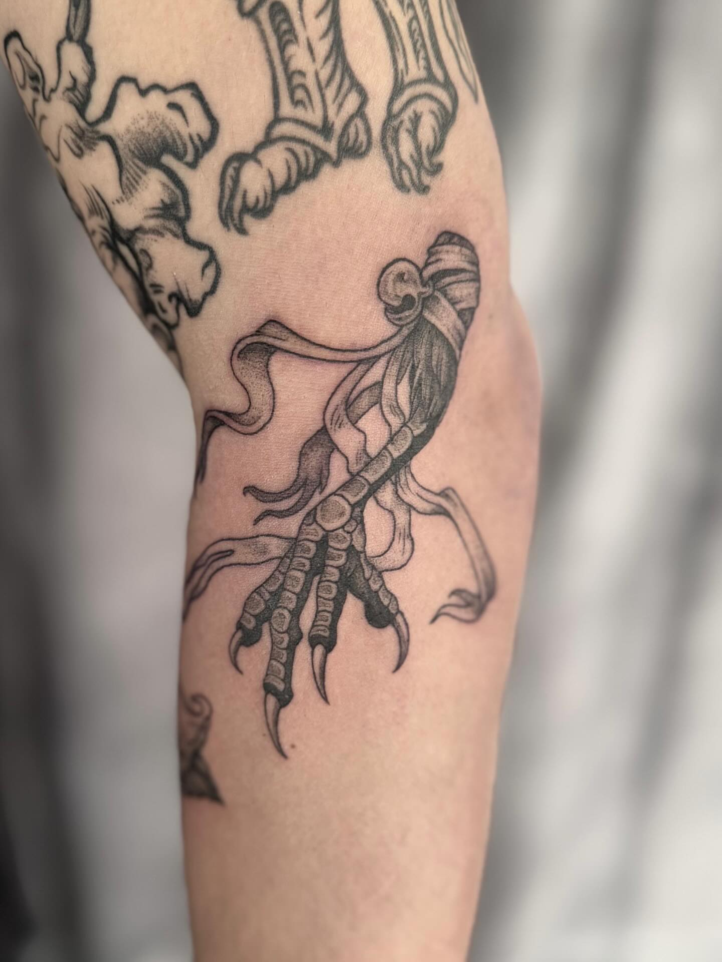 Bird claws and ribbon black and grey tattoo on the forearm by Hillary