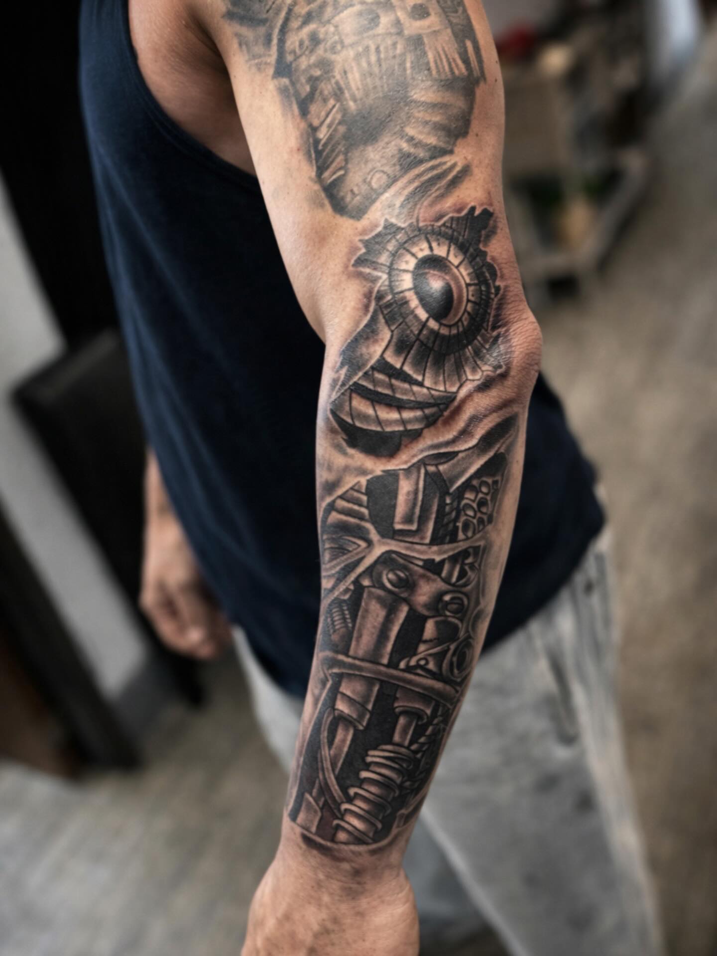 Mechanical gear geometric tattoo on the forearm by Shake_tatts