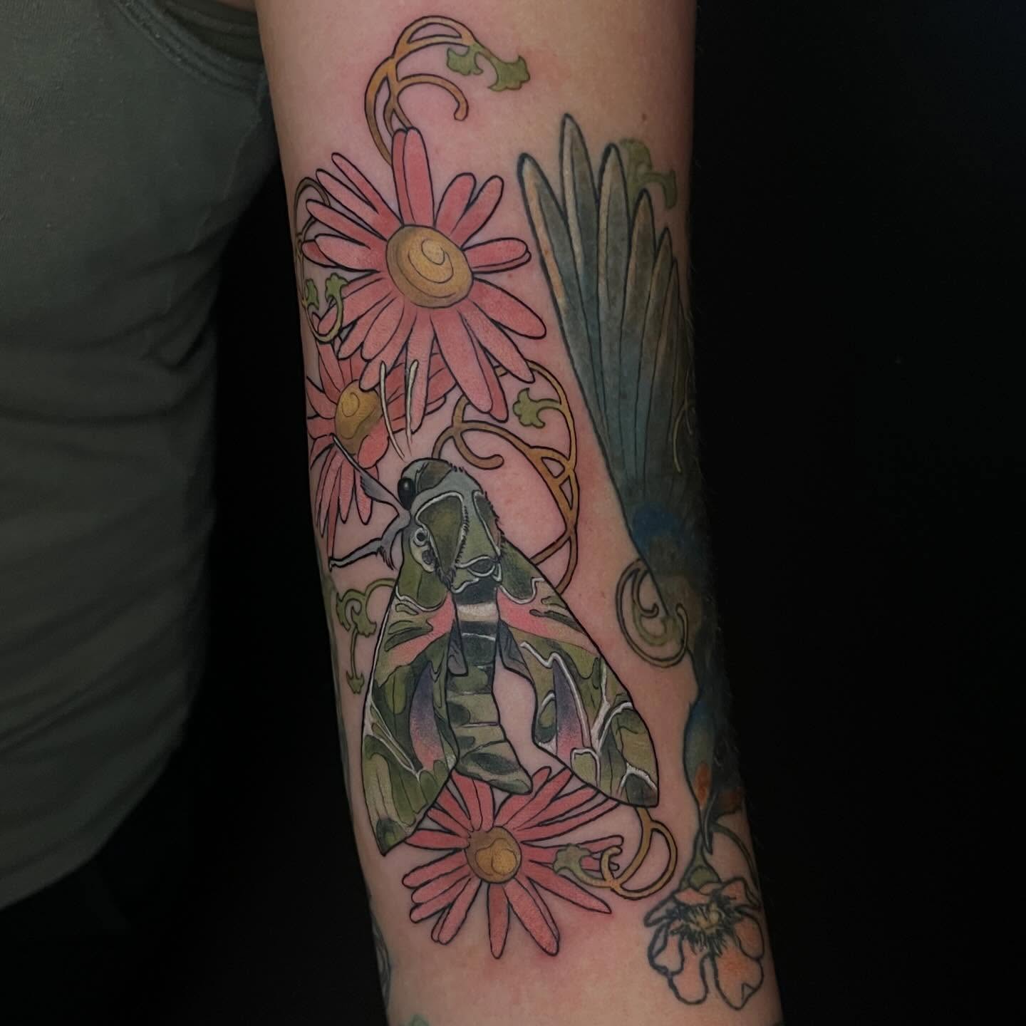 Mushroom and flowers new school tattoo on the forearm by Paige Hudon, Chicago, Illinois