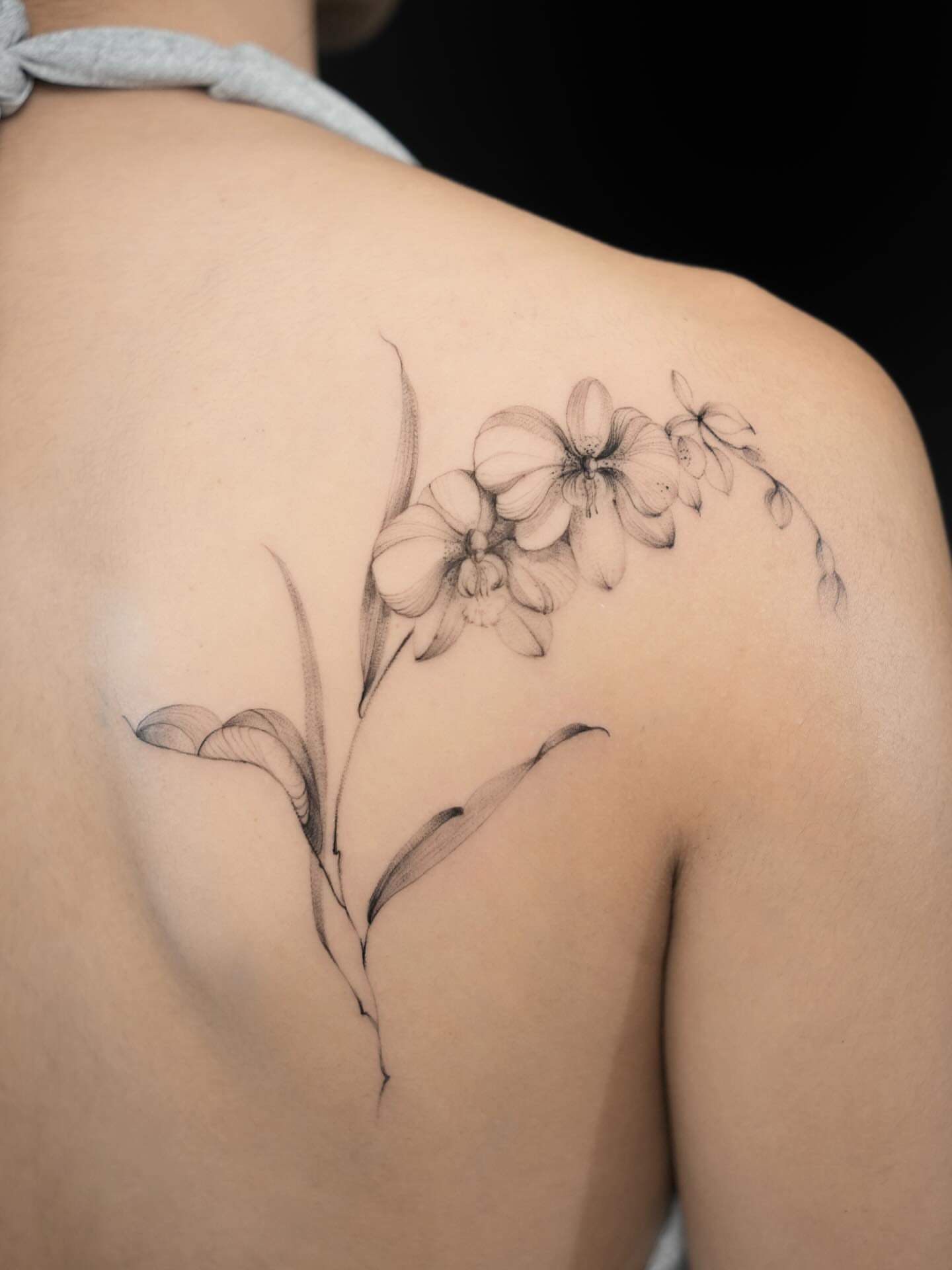 Orchid black and grey tattoo on the shoulder by David H.