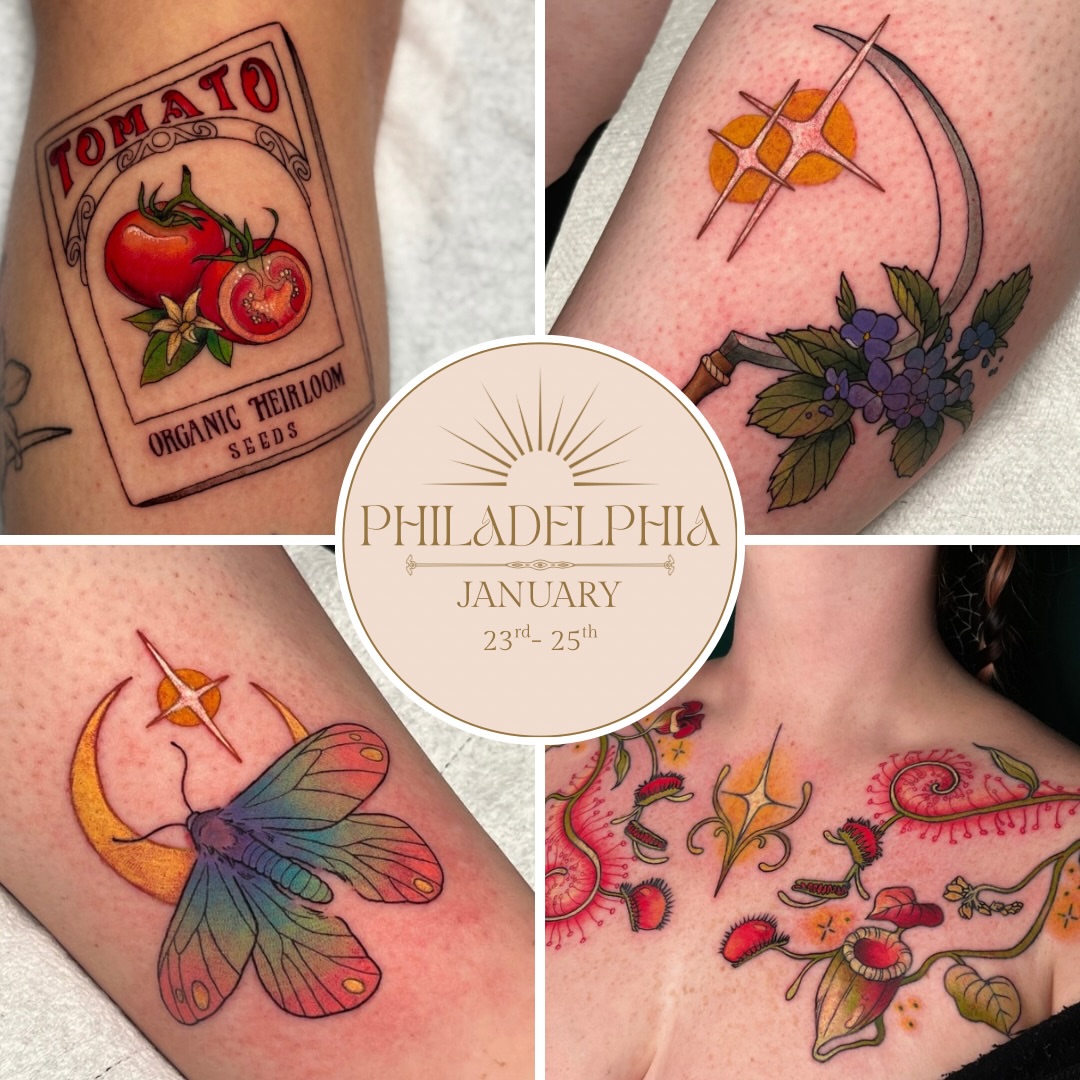 Tomato seed packet illustrative tattoo on the upper arm by Summer Machelle, Orange, California