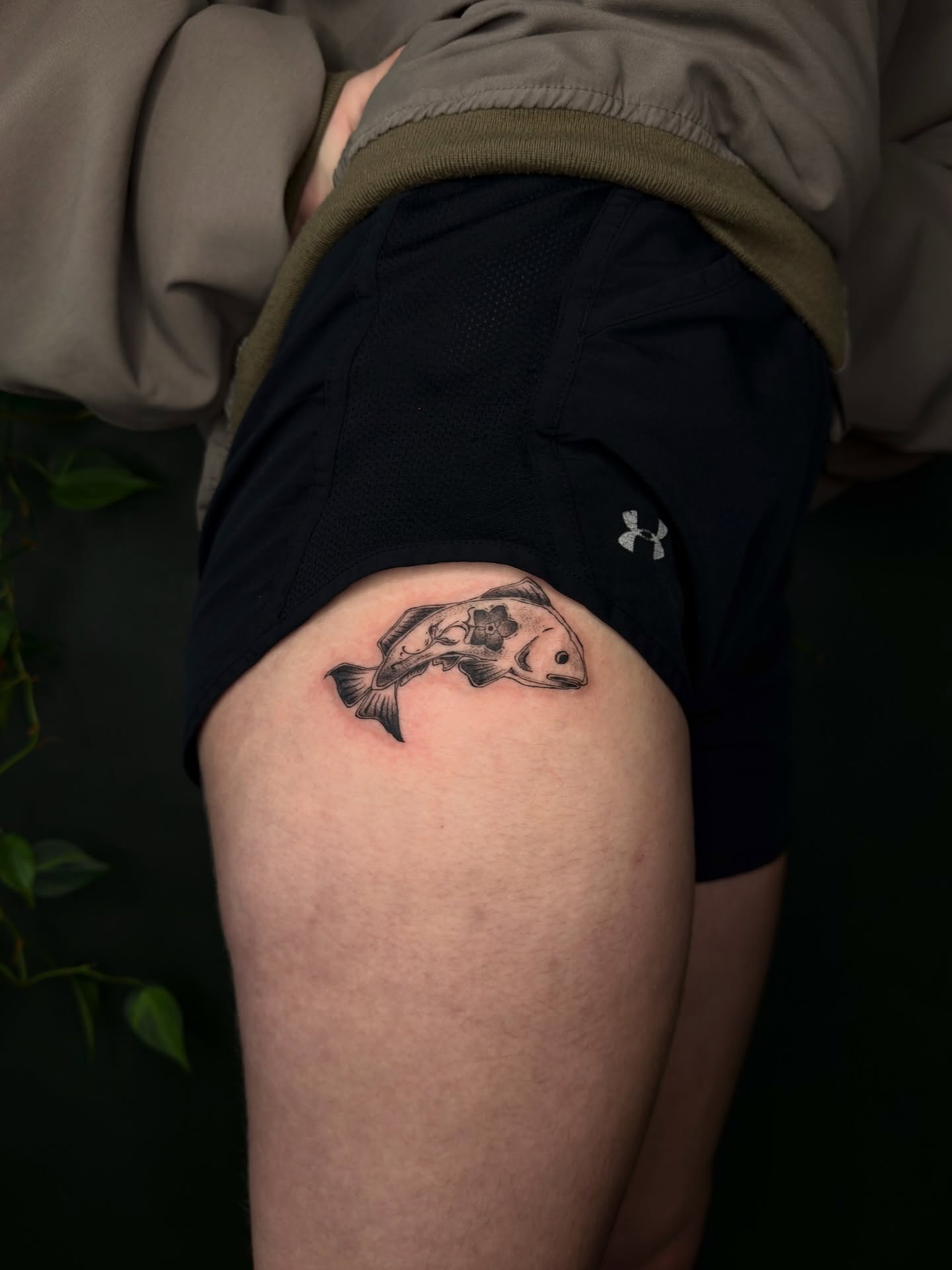 Fish black and grey tattoo on the thigh by šianca٠࣪ā