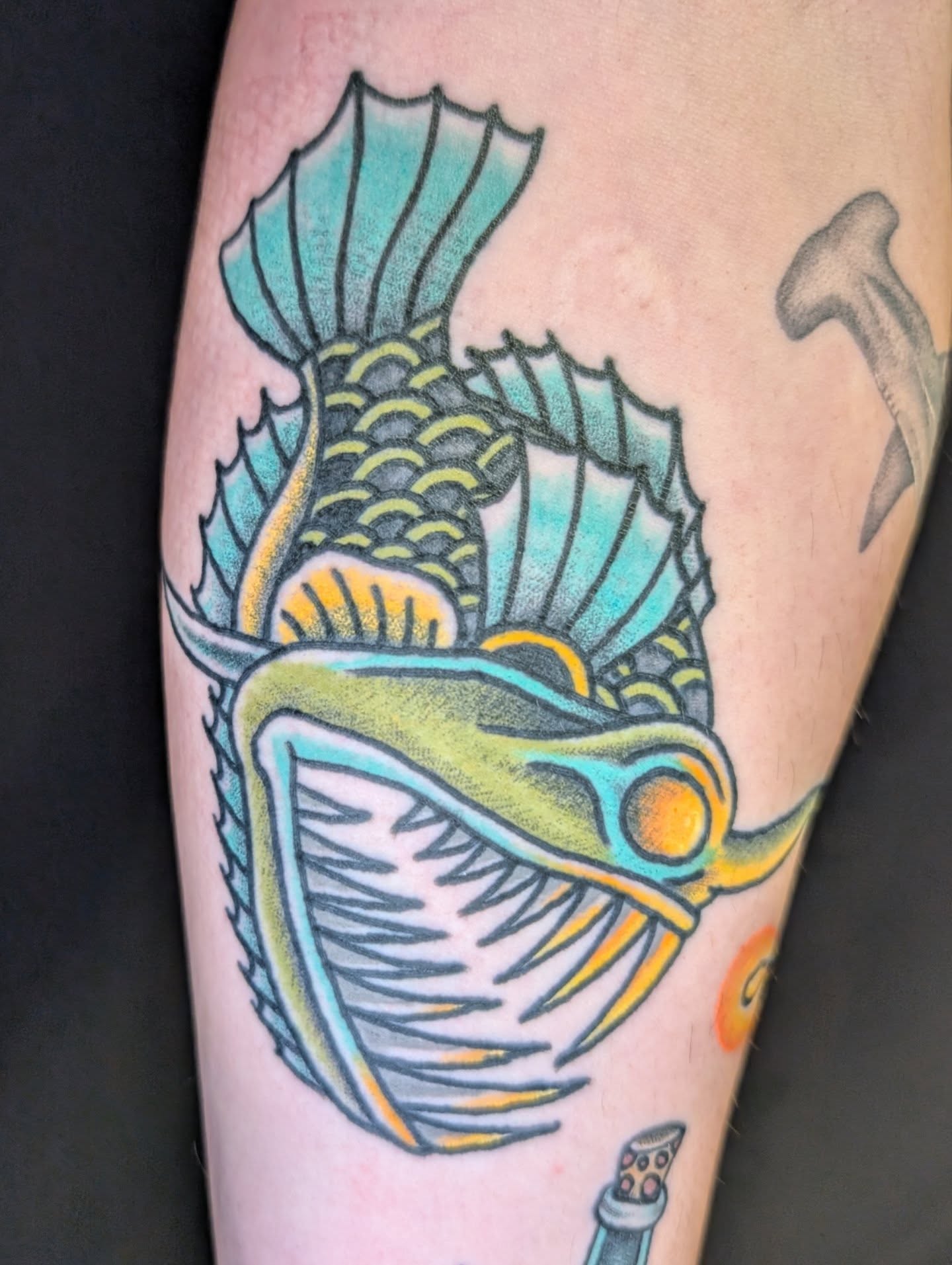Fish American traditional tattoo on the forearm by Erik O'Steen, Medford, Massachusetts