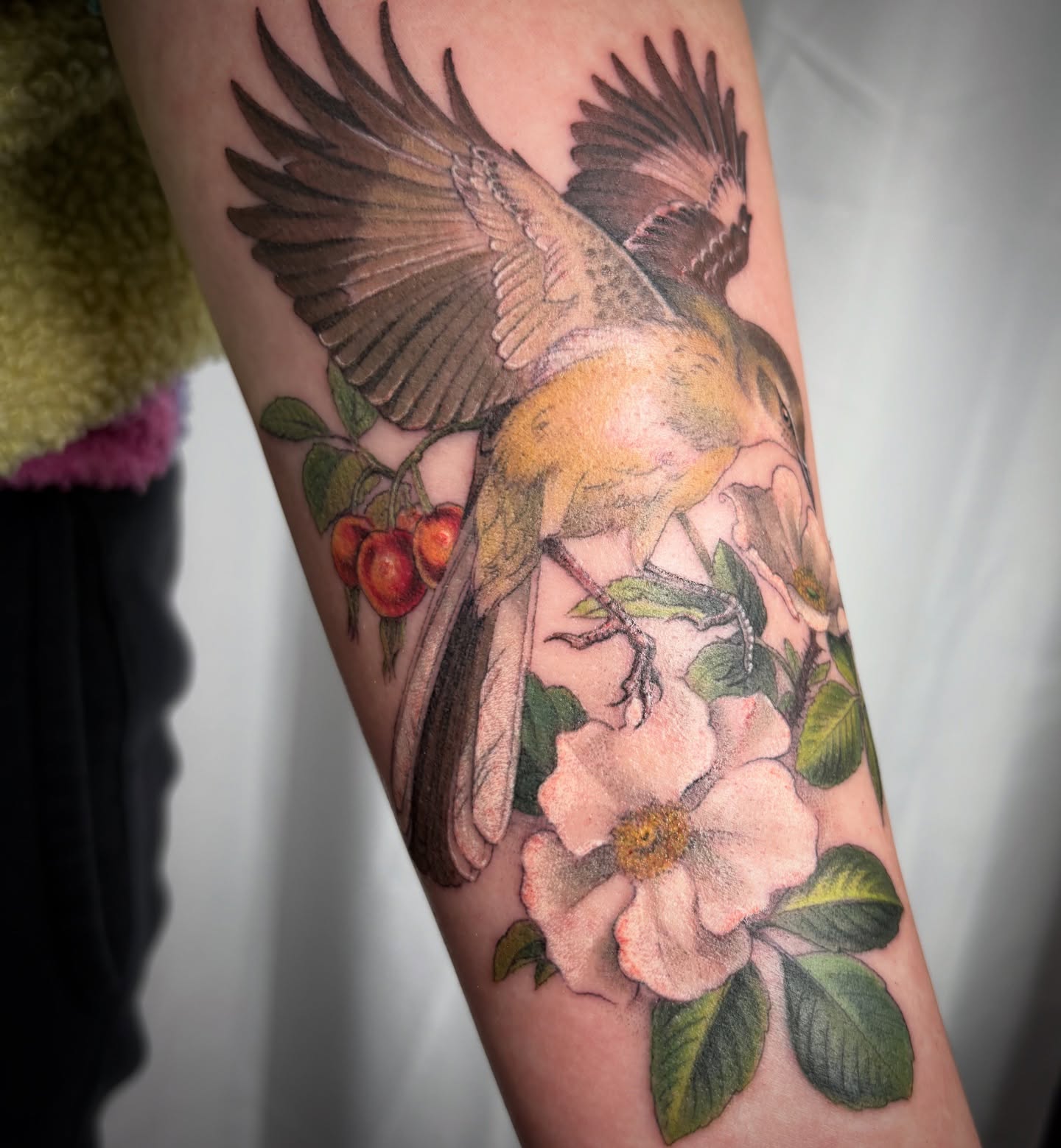 Bird and flowers realism tattoo on the forearm by Lu Taylor, Minneapolis, Minnesota