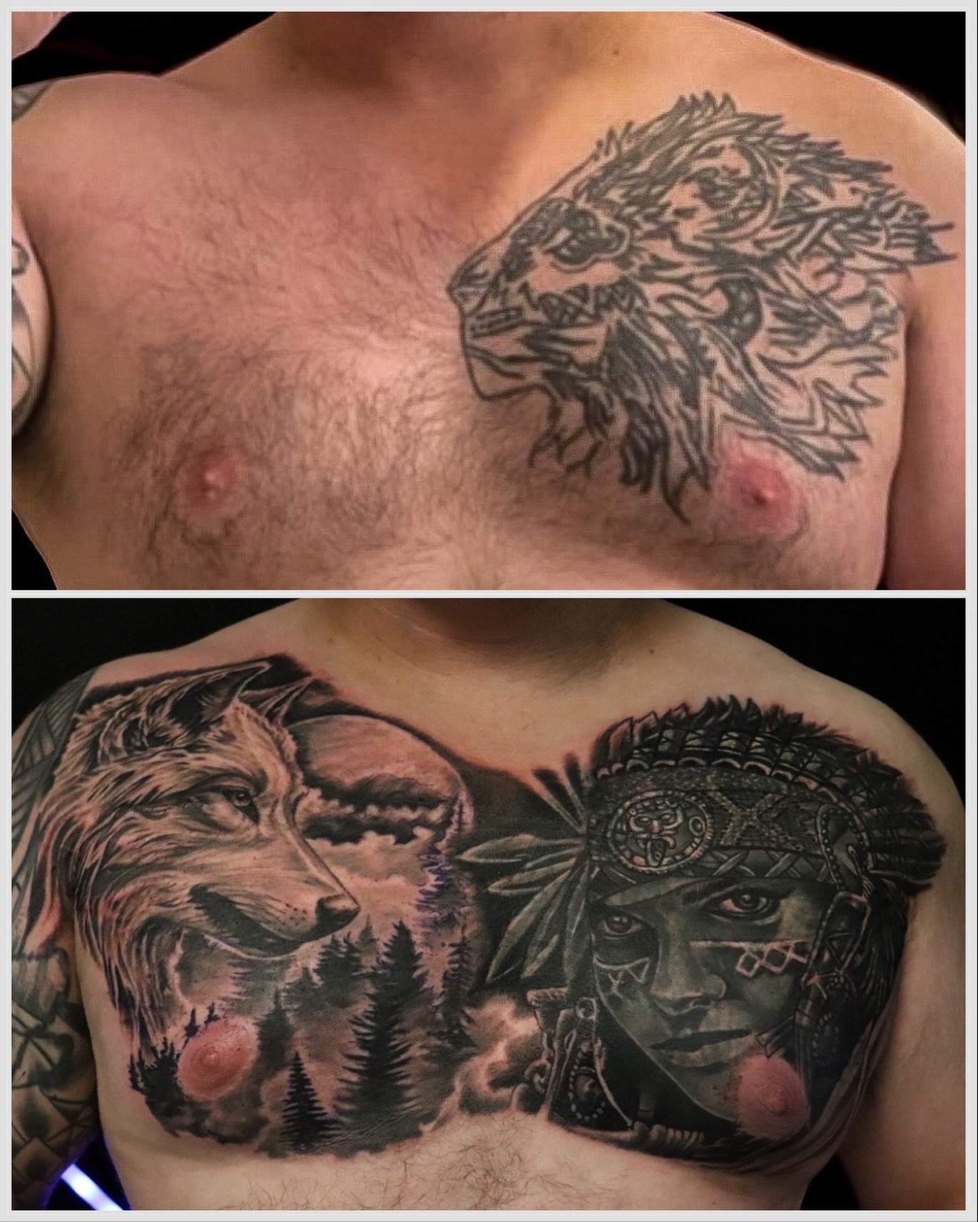 Lion and native figure realism tattoo on the chest by Beto Tats, Round Rock, Texas