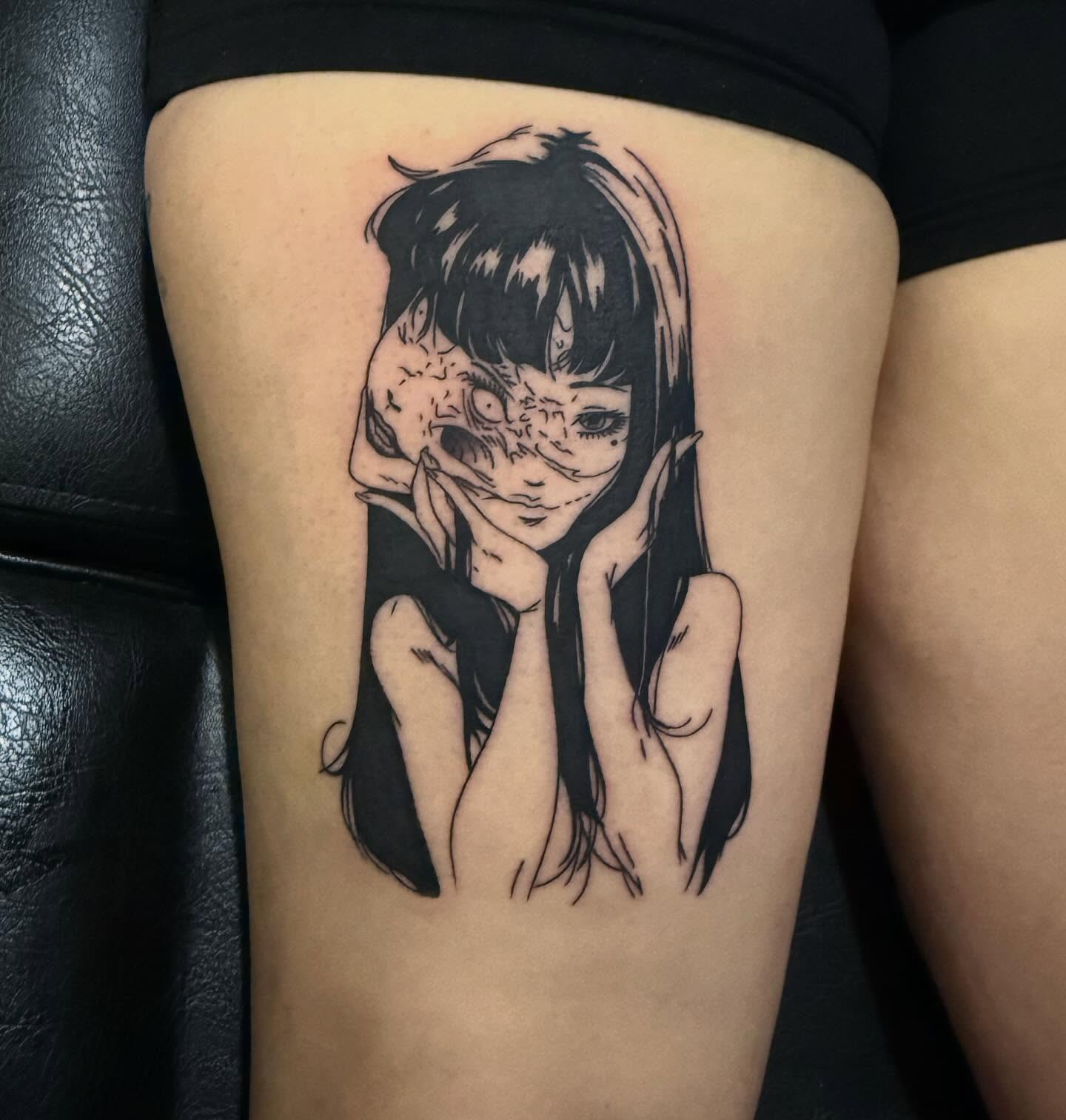 Anime girl anime tattoo on the thigh by Jay