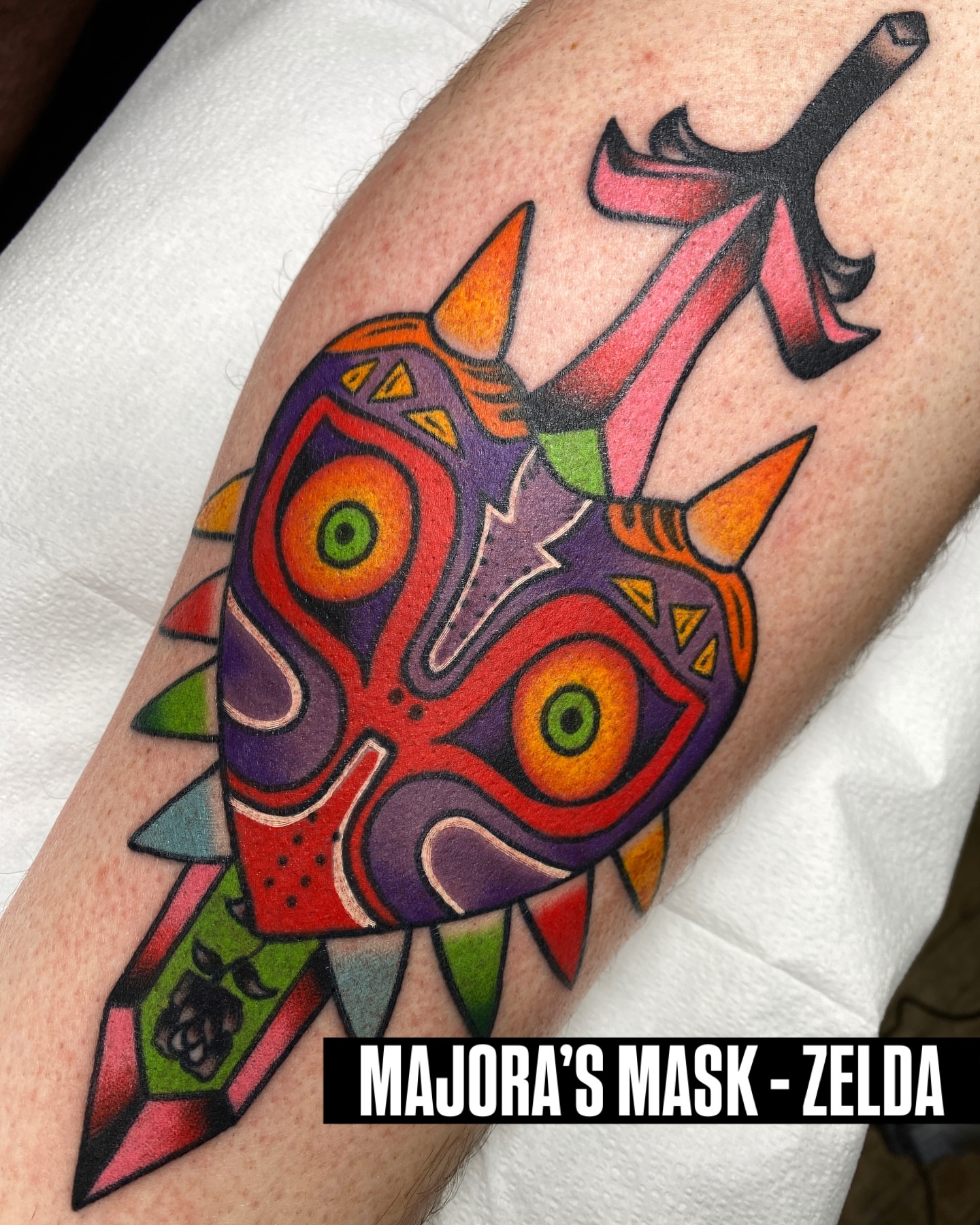 Majora's Mask American traditional tattoo on the forearm by Cory Craft