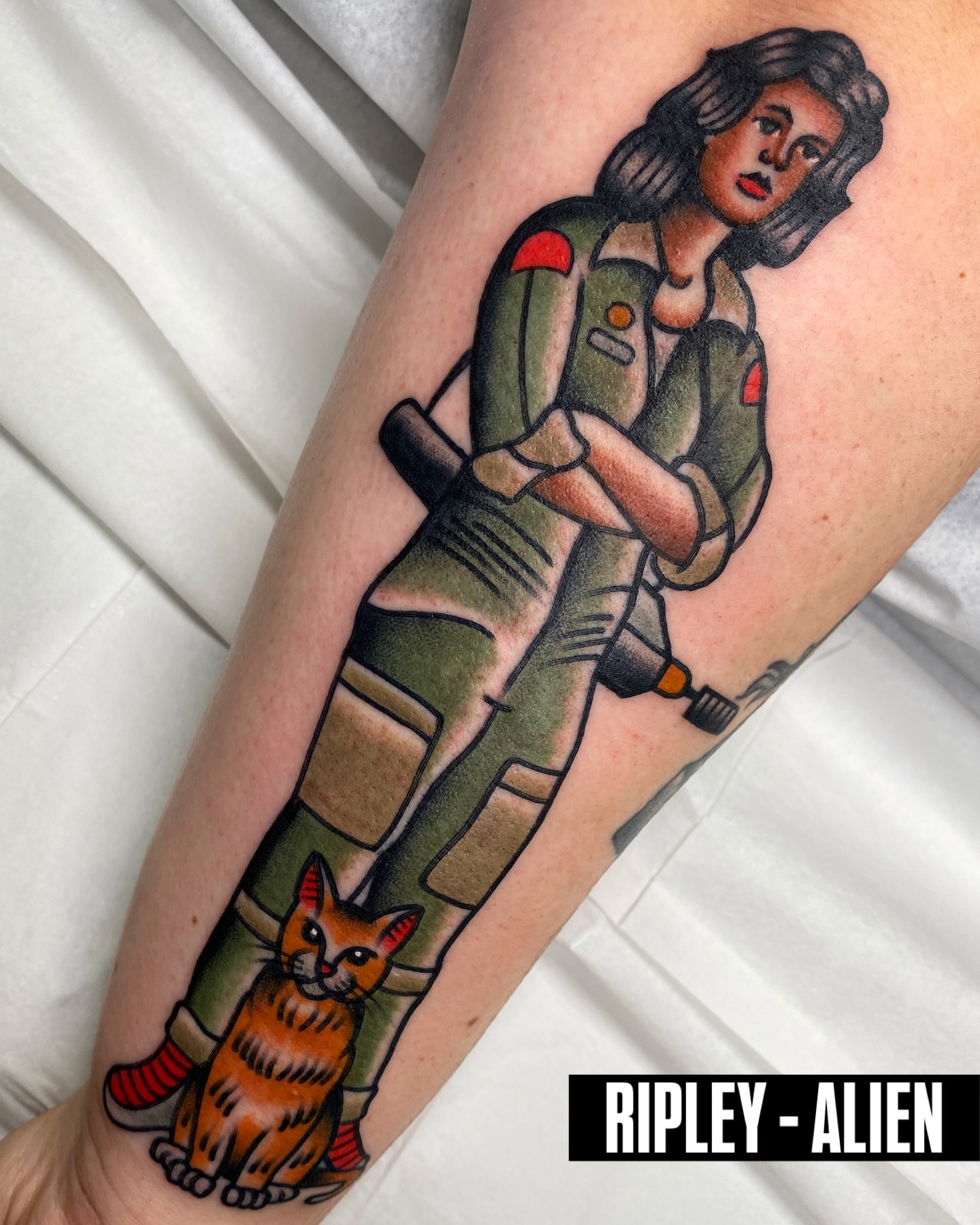Ripley from Aliens American traditional tattoo on the forearm by Cory Craft