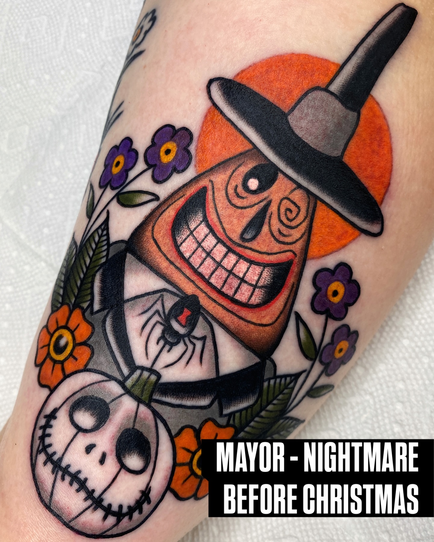 Mayor from nightmare before christmas American traditional tattoo on the forearm by Cory Craft