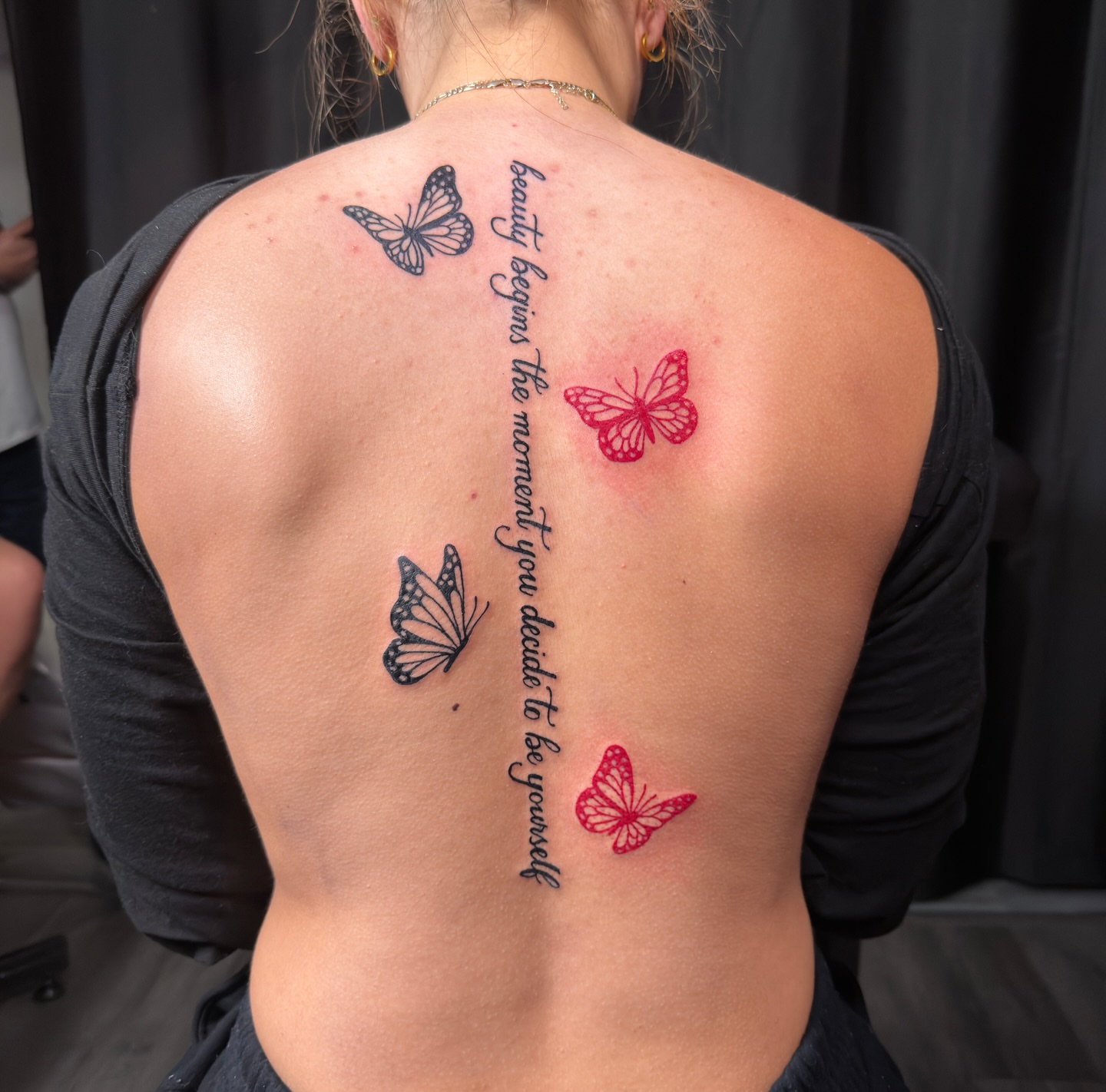 Butterflies and inspirational quote fine line tattoo on the back by InkbyEase, Wayne, New Jersey