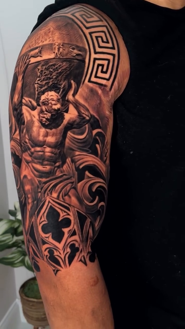 Atlas holding the celestial sphere realism tattoo by Nathan, Charlotte, North Carolina