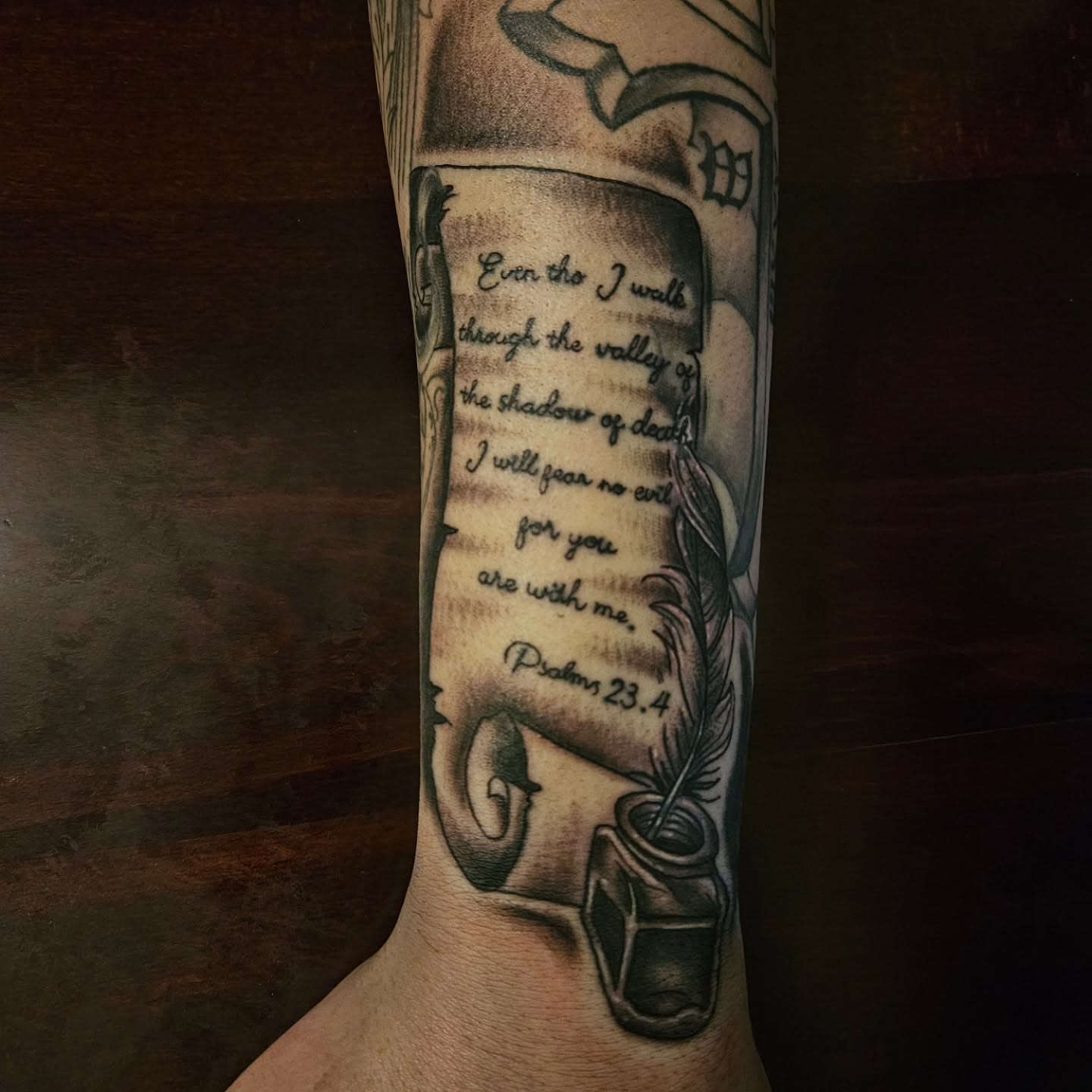 Psalm 23:4 lettering script tattoo on the forearm by Ari🖤