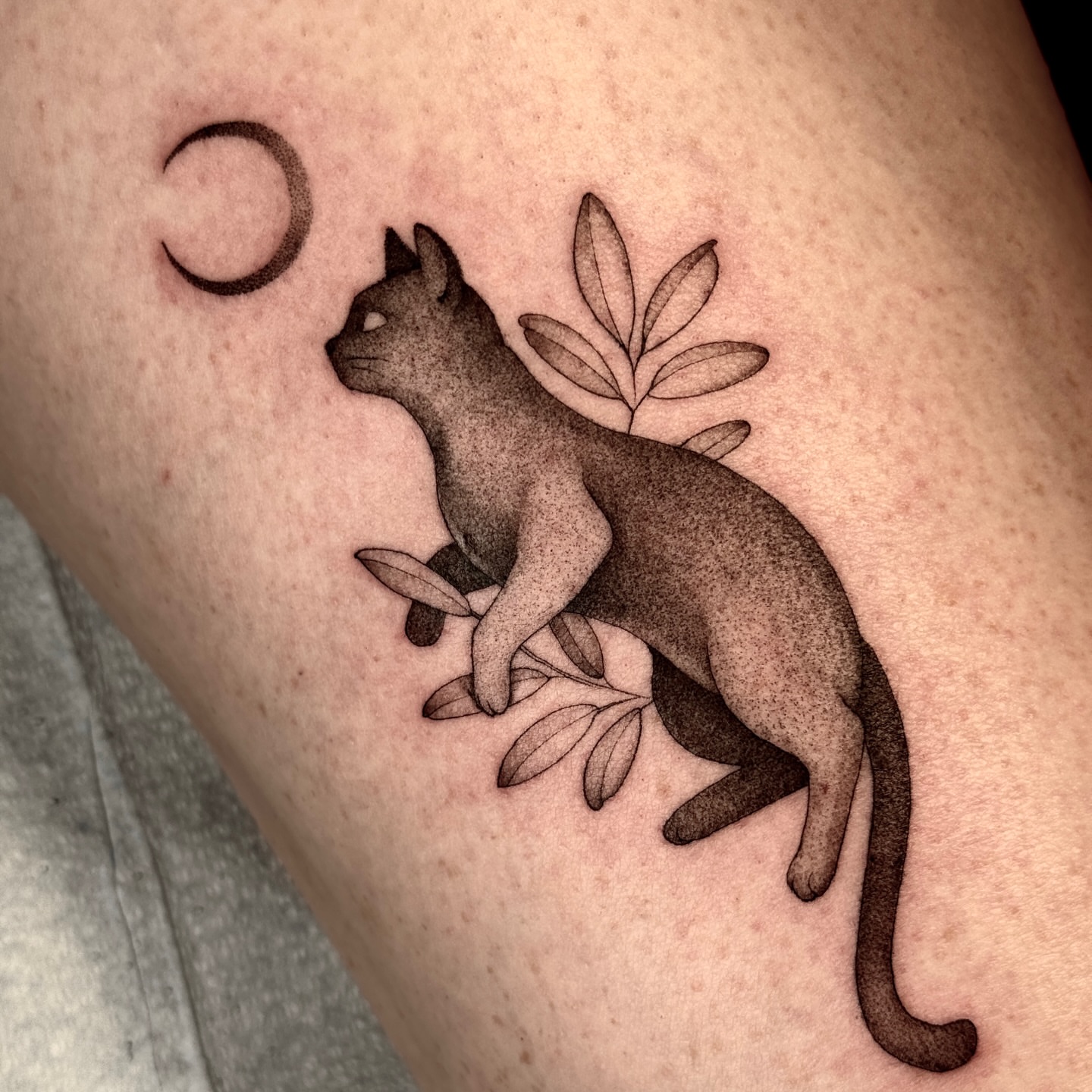 Cat and leaves dotwork tattoo on the thigh by Molly Murray