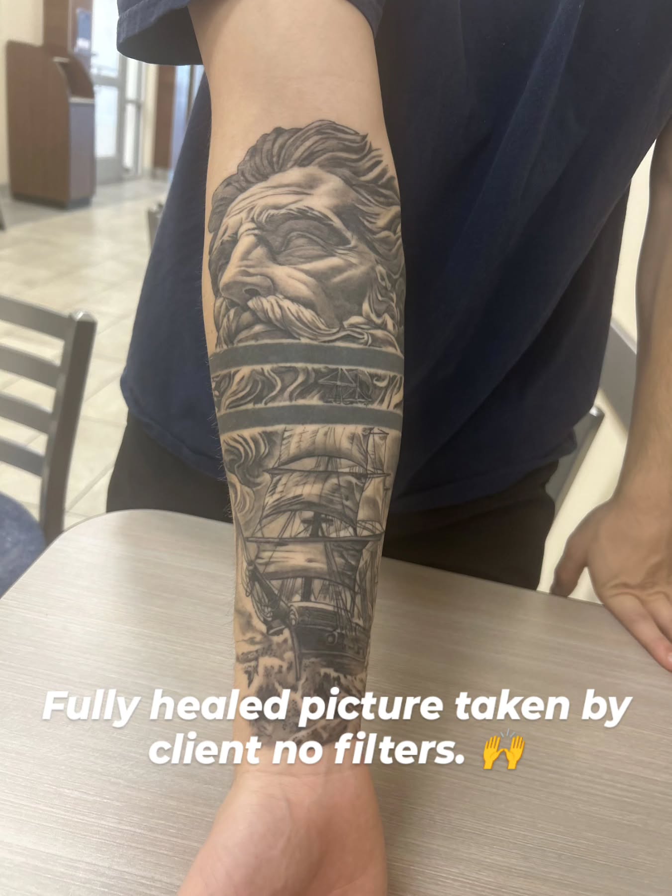 Ship and sailor realism tattoo on the forearm by Efren Del Rio