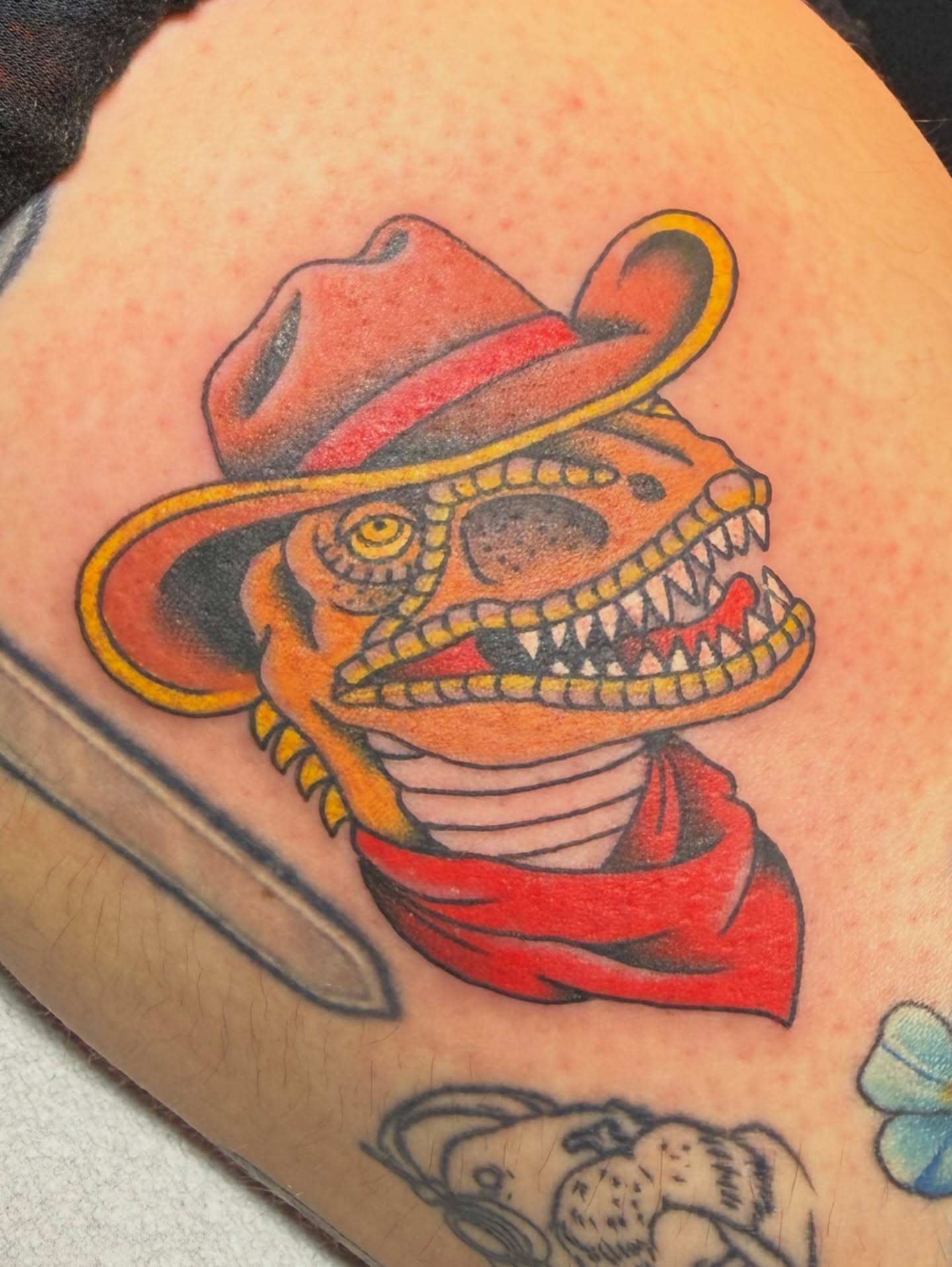 Cowboy skull American traditional tattoo on the shoulder by Hannah Edwards, Austin, Texas