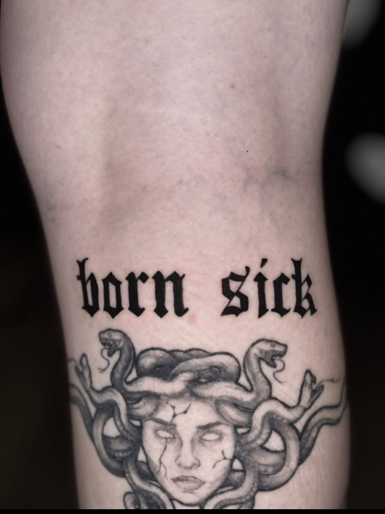 Medusa black and grey tattoo on the forearm by Madison Orchard Tattoos