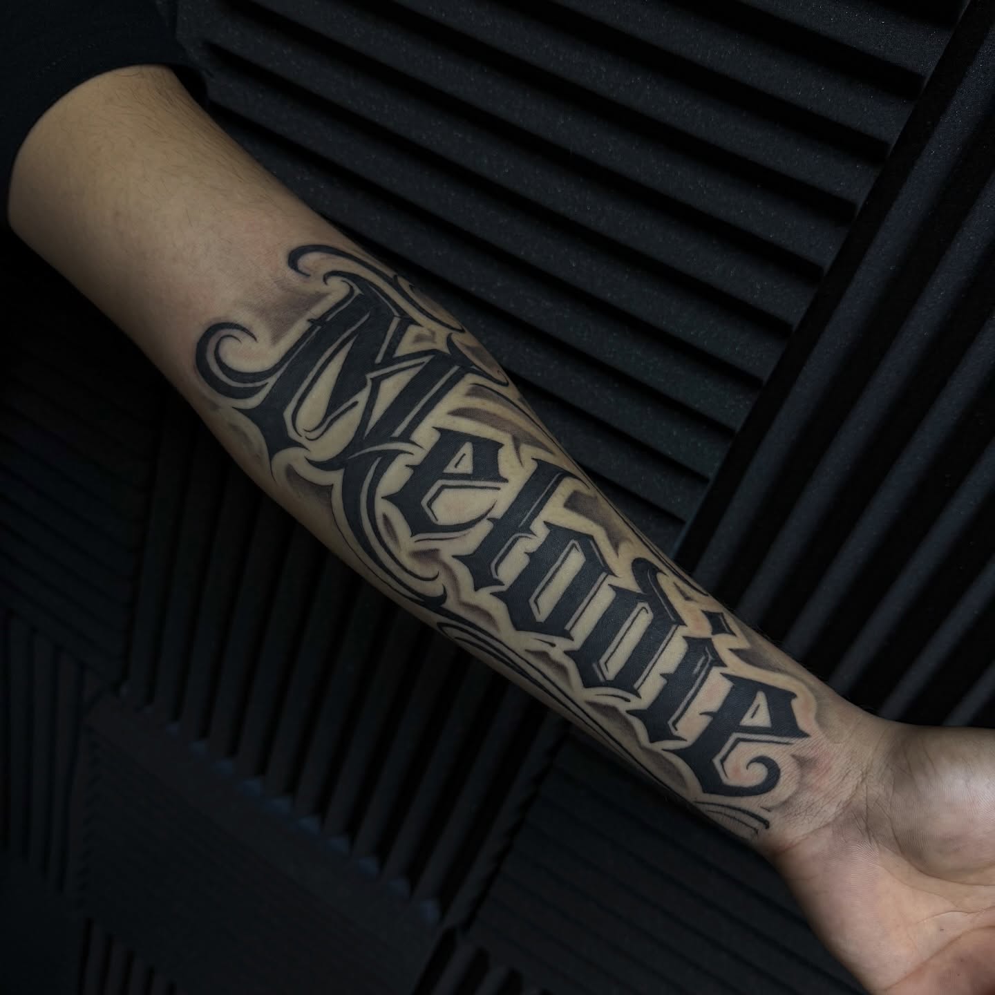 Script lettering lettering script tattoo on the forearm by Nick Campbell