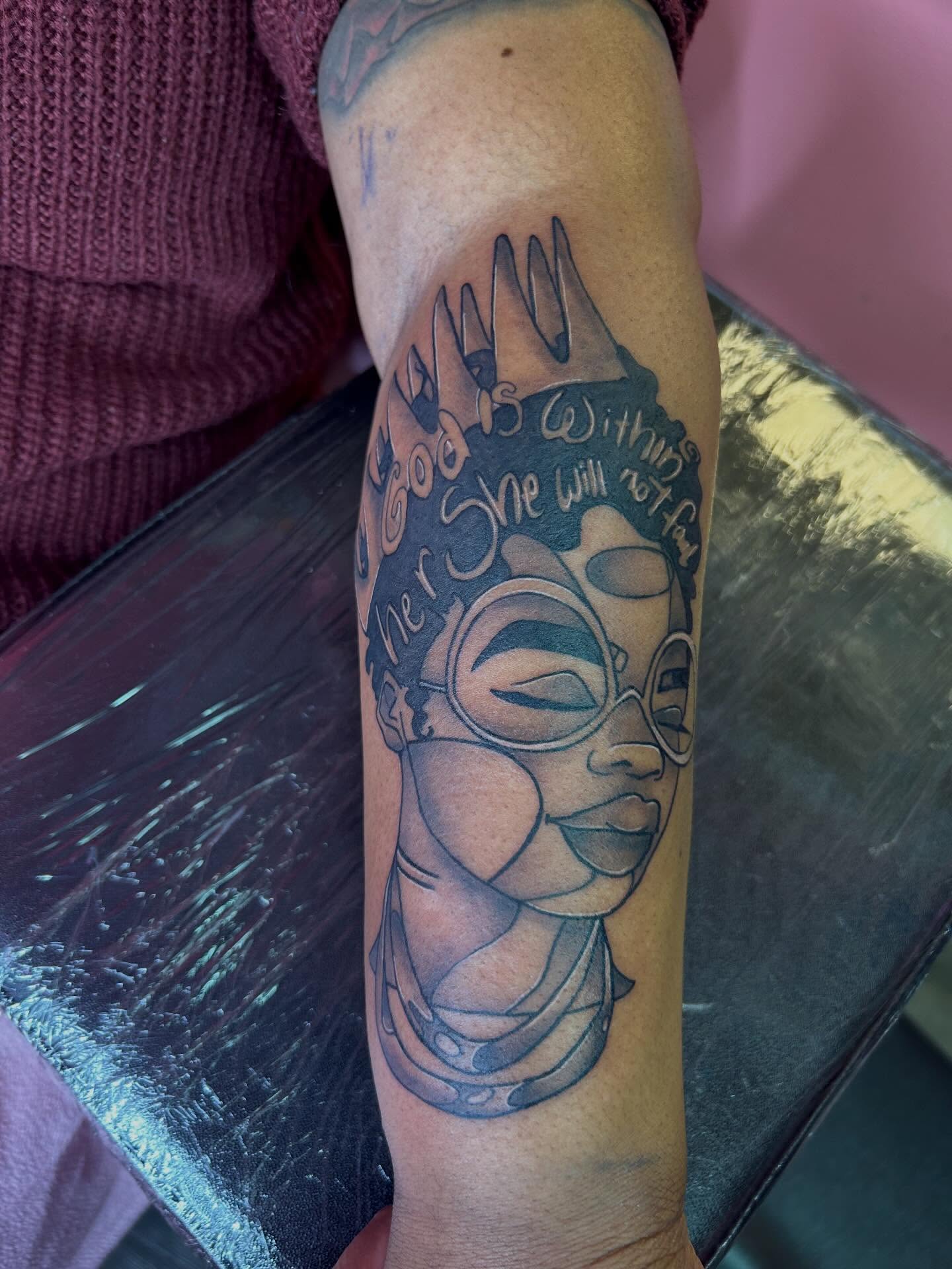 Woman's face black and grey tattoo on the forearm by Big Mar, Rocky Hill, Connecticut