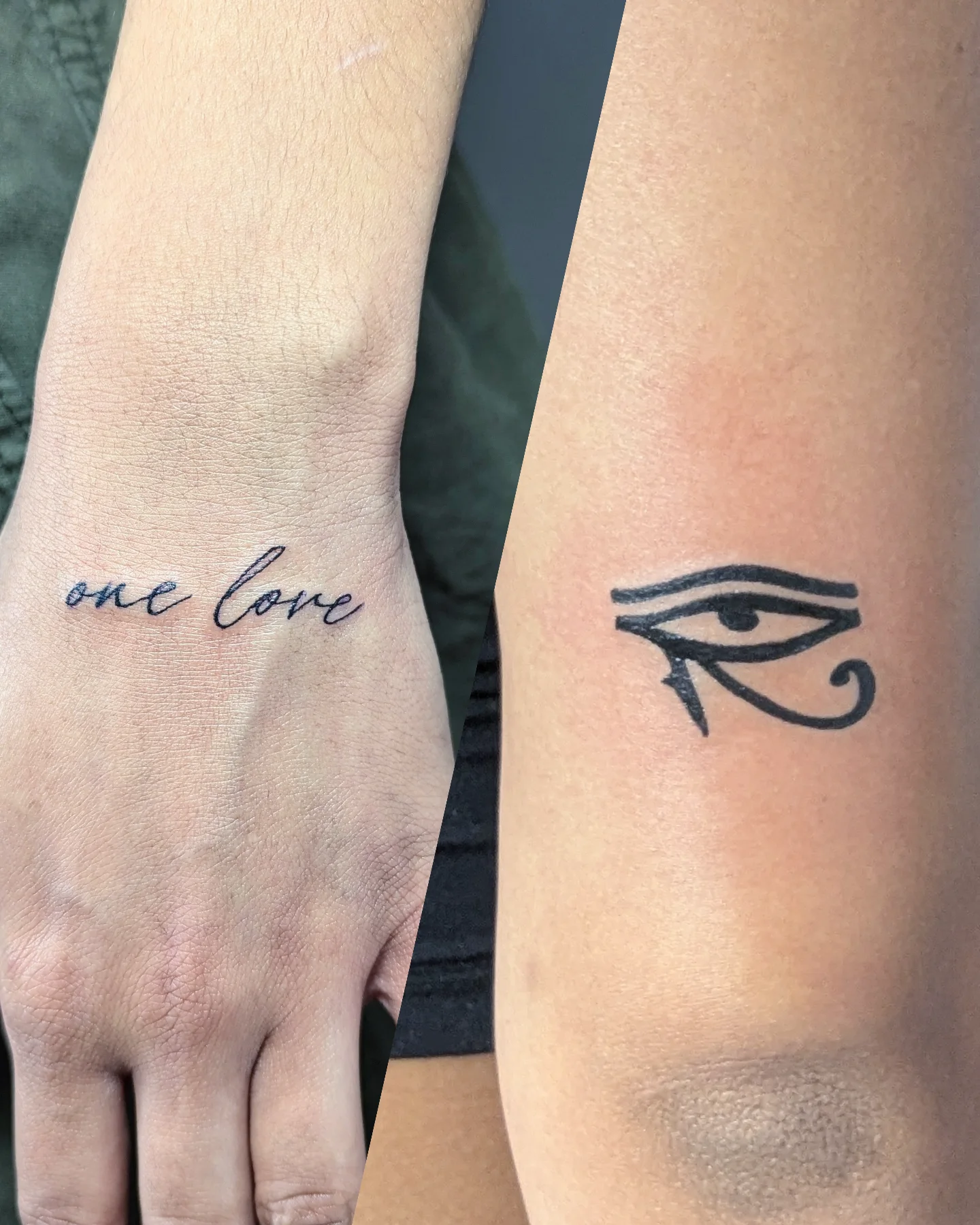 One love lettering script tattoo on the forearm by Patricio