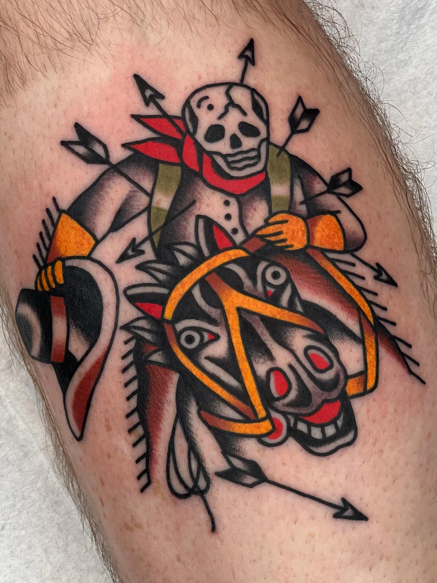 Skull on horse American traditional tattoo on the thigh by Blake Francis, Worcester, Massachusetts
