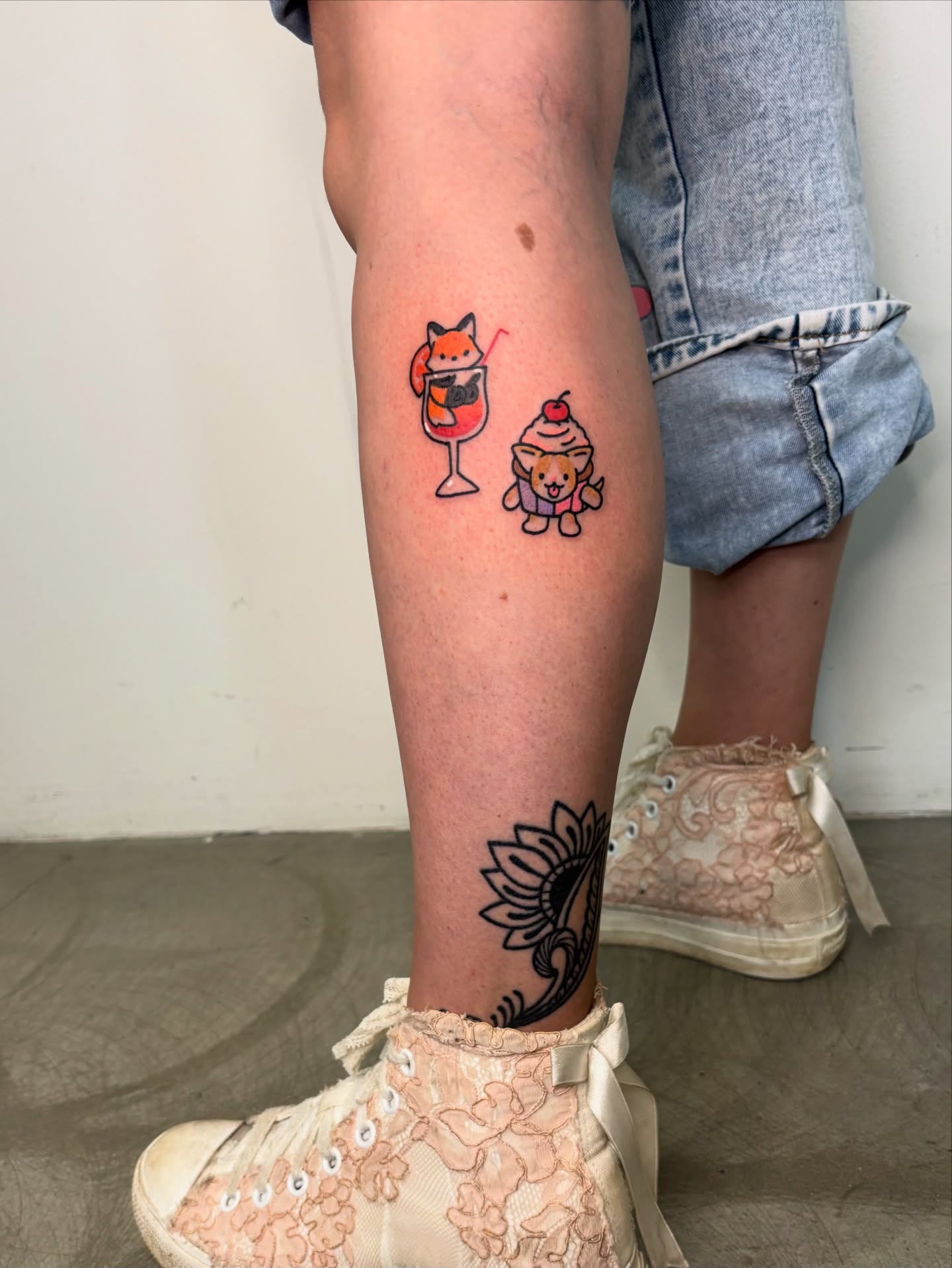 Fox and cupcake new school tattoo on the calf by XINAMON 🔥 시나몬