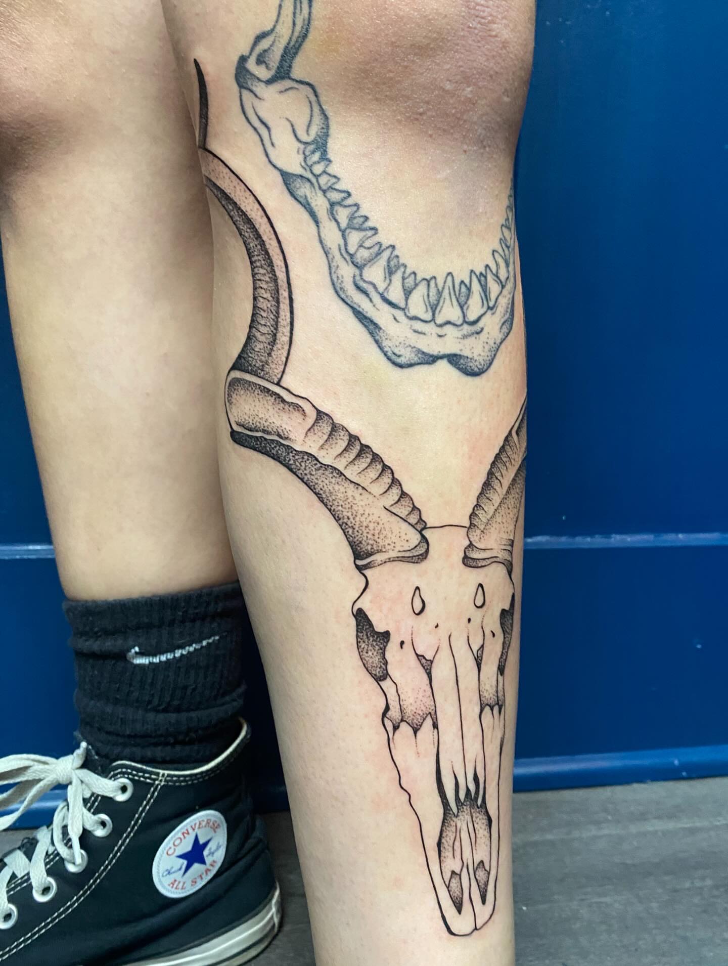 Goat skull and snake dotwork tattoo on the leg by Jesikah Rapp