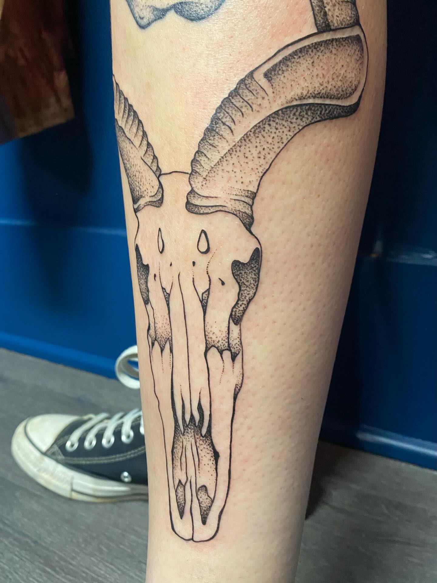 Ram skull dotwork tattoo on the forearm by Jesikah Rapp