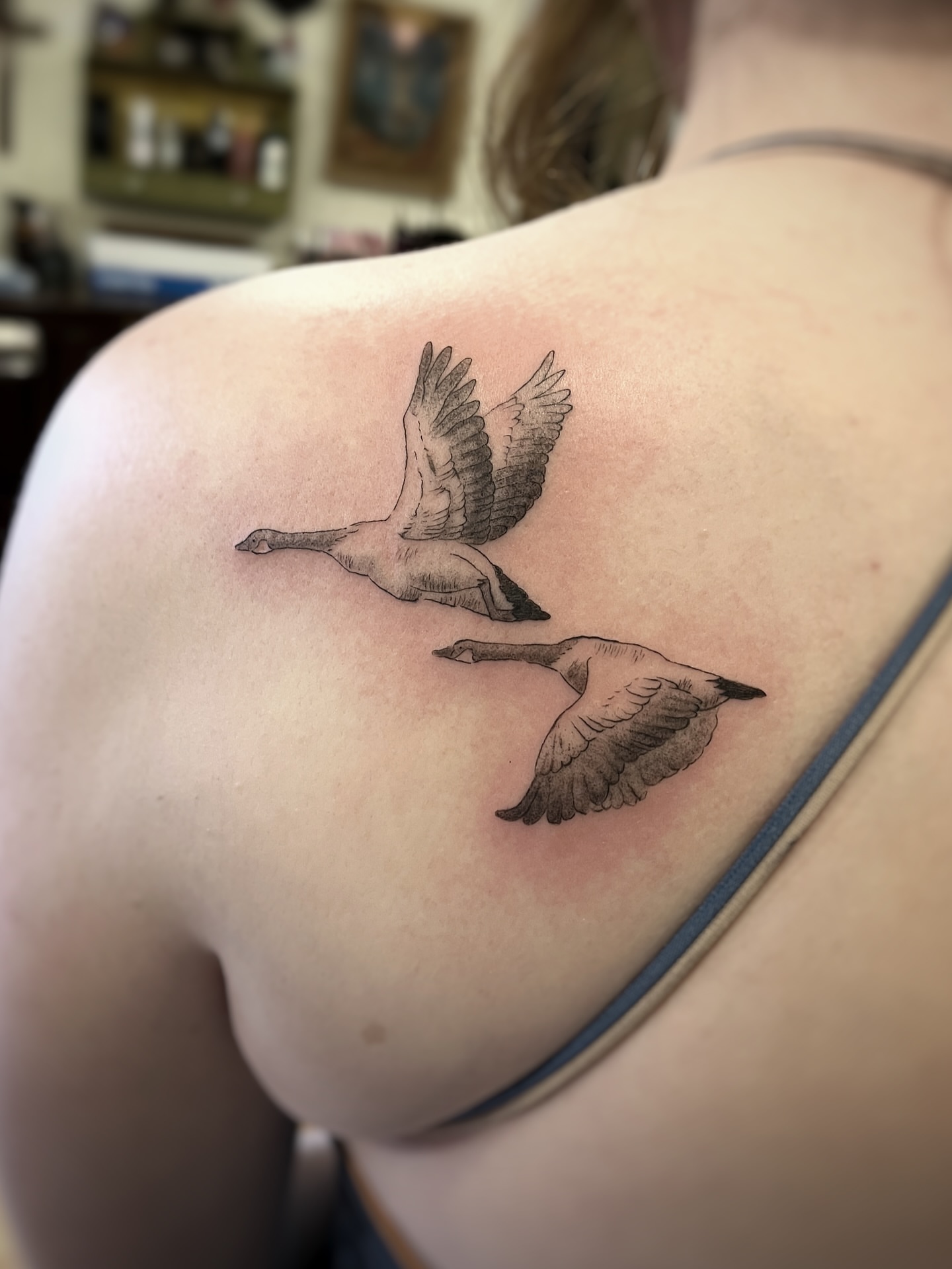 Geese black and grey tattoo on the shoulder by Risa Cincinnati Tattoo Artist