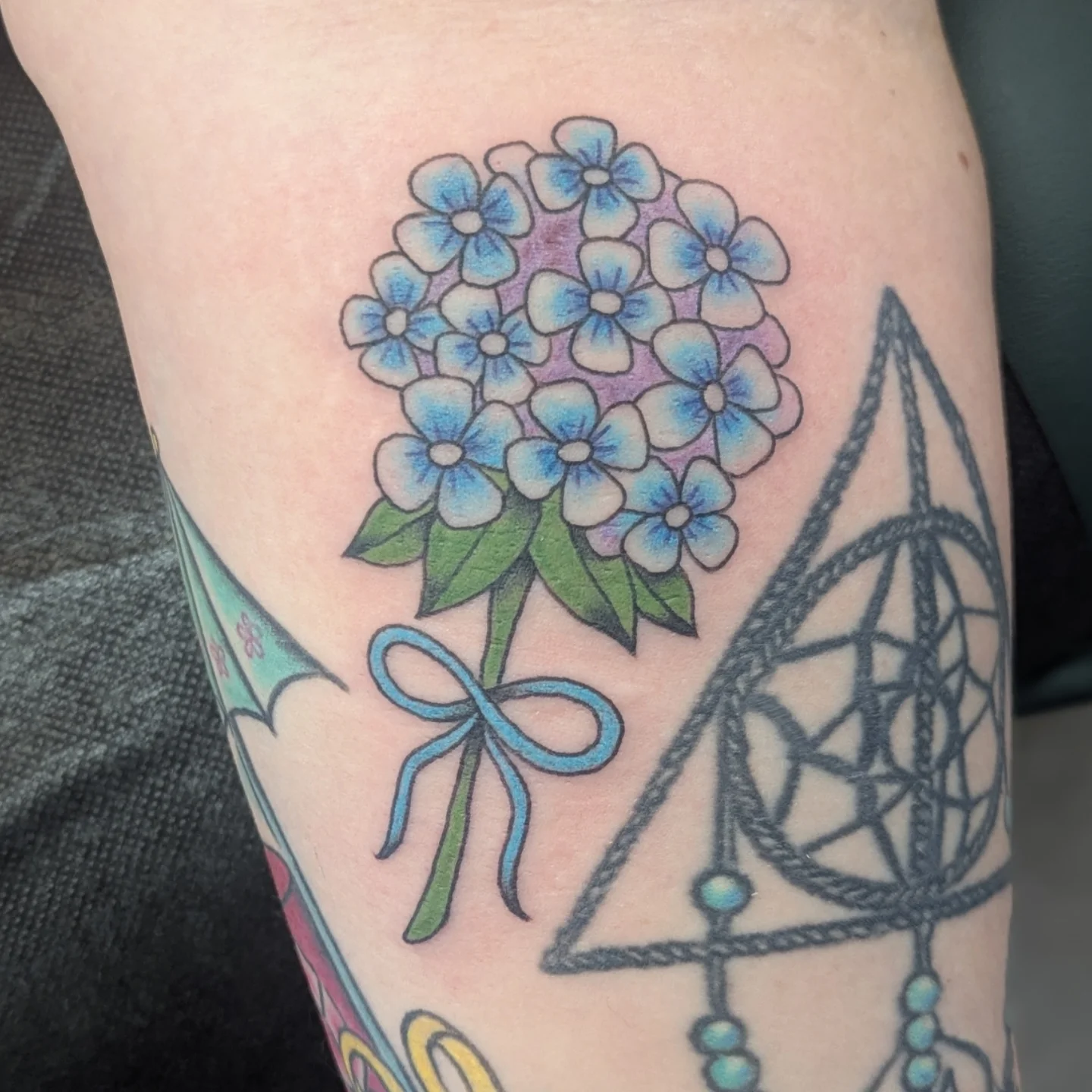 Hydrangea bouquet American traditional tattoo on the forearm by ♡ Cora ♡