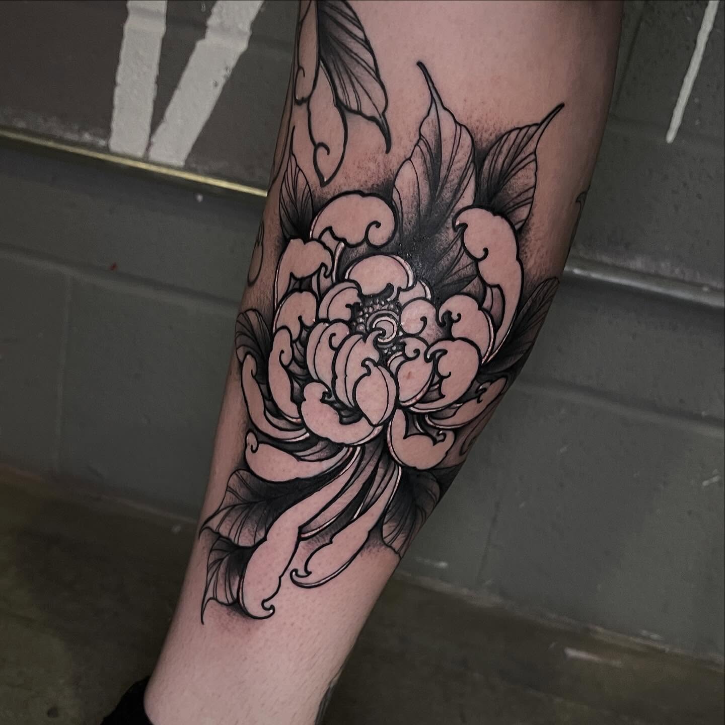 Peony black and grey tattoo on the forearm by Brandon Mola, Chicago, Illinois
