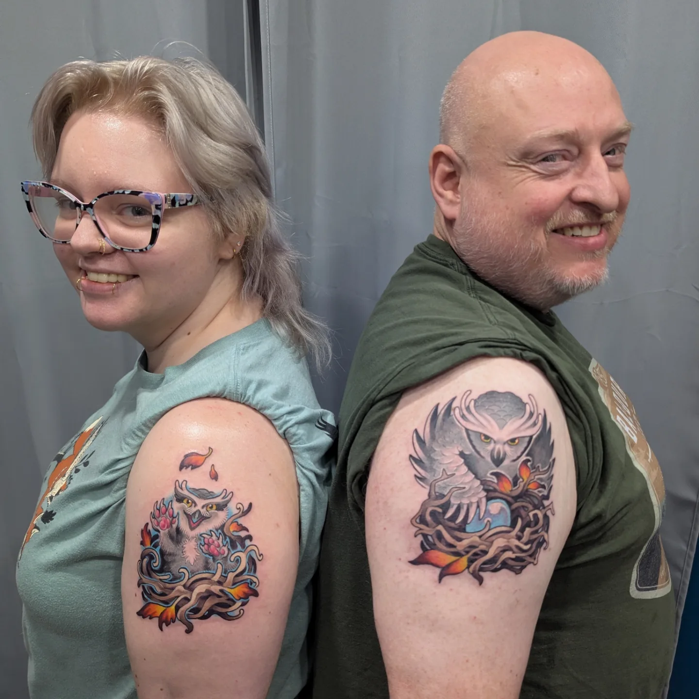 Owl American traditional tattoo on the shoulder by Devon Greig