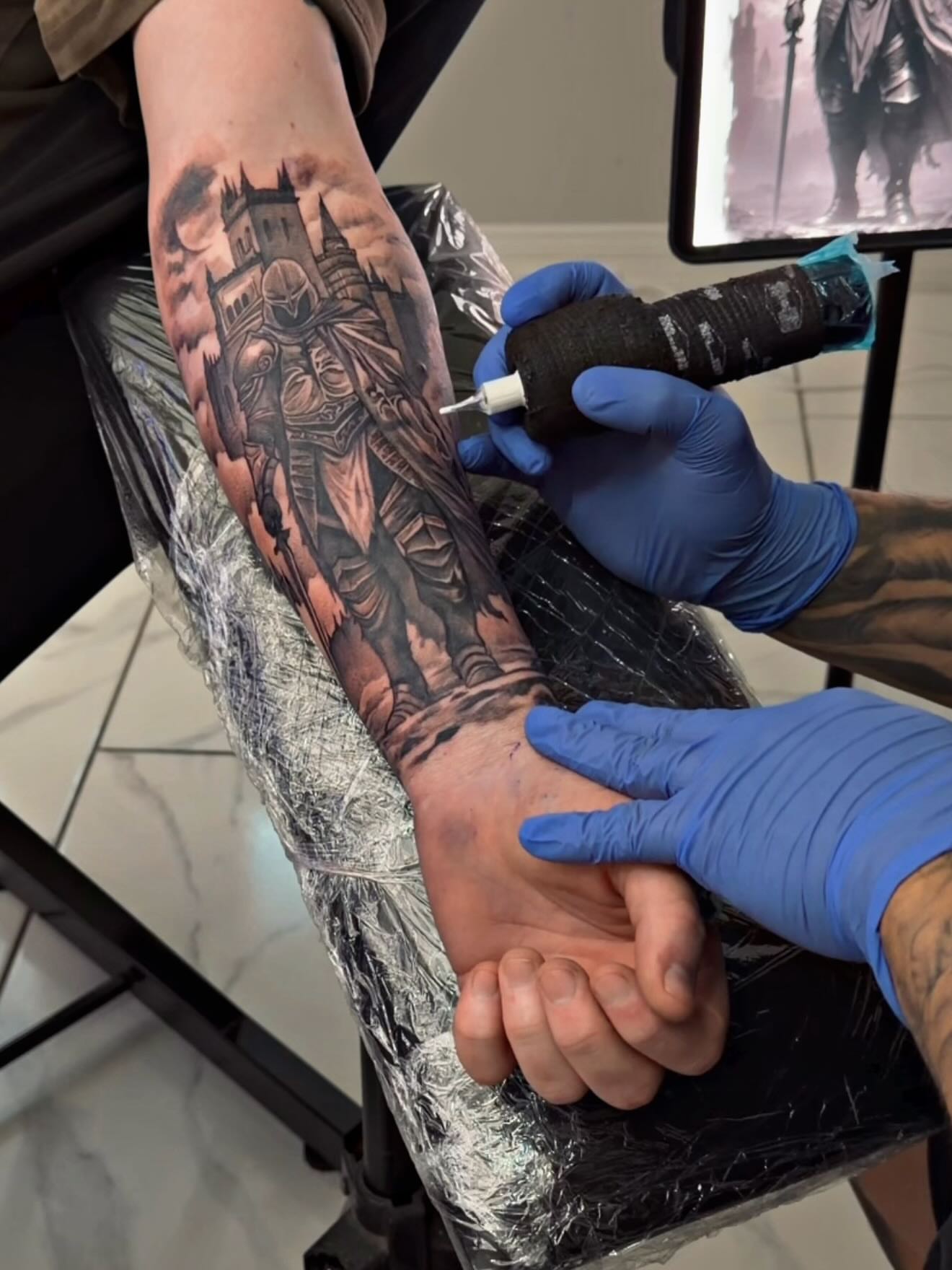 Medieval knight realism tattoo on the forearm by Adrian gonzalez...