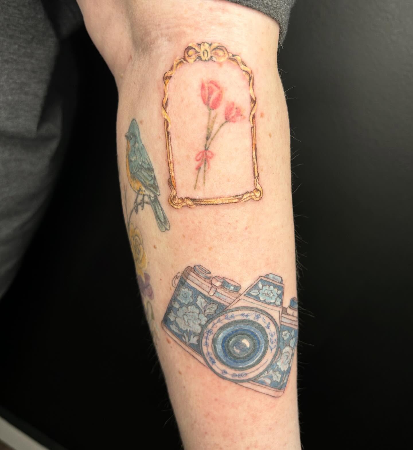 Camera new school tattoo on the forearm by Elizabeth (Lib), Murfreesboro, Tennessee
