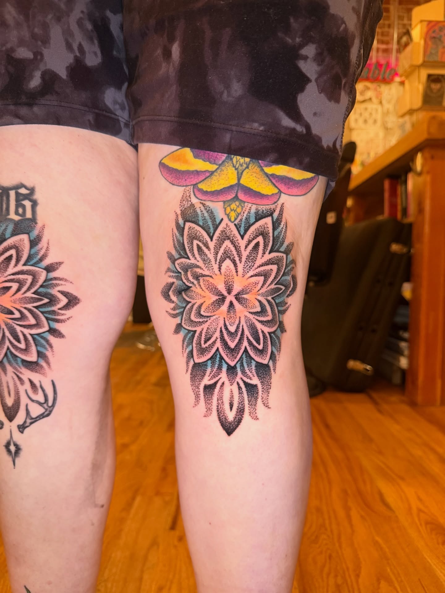Floral mandala dotwork tattoo on the thigh by Kevin R. Onley