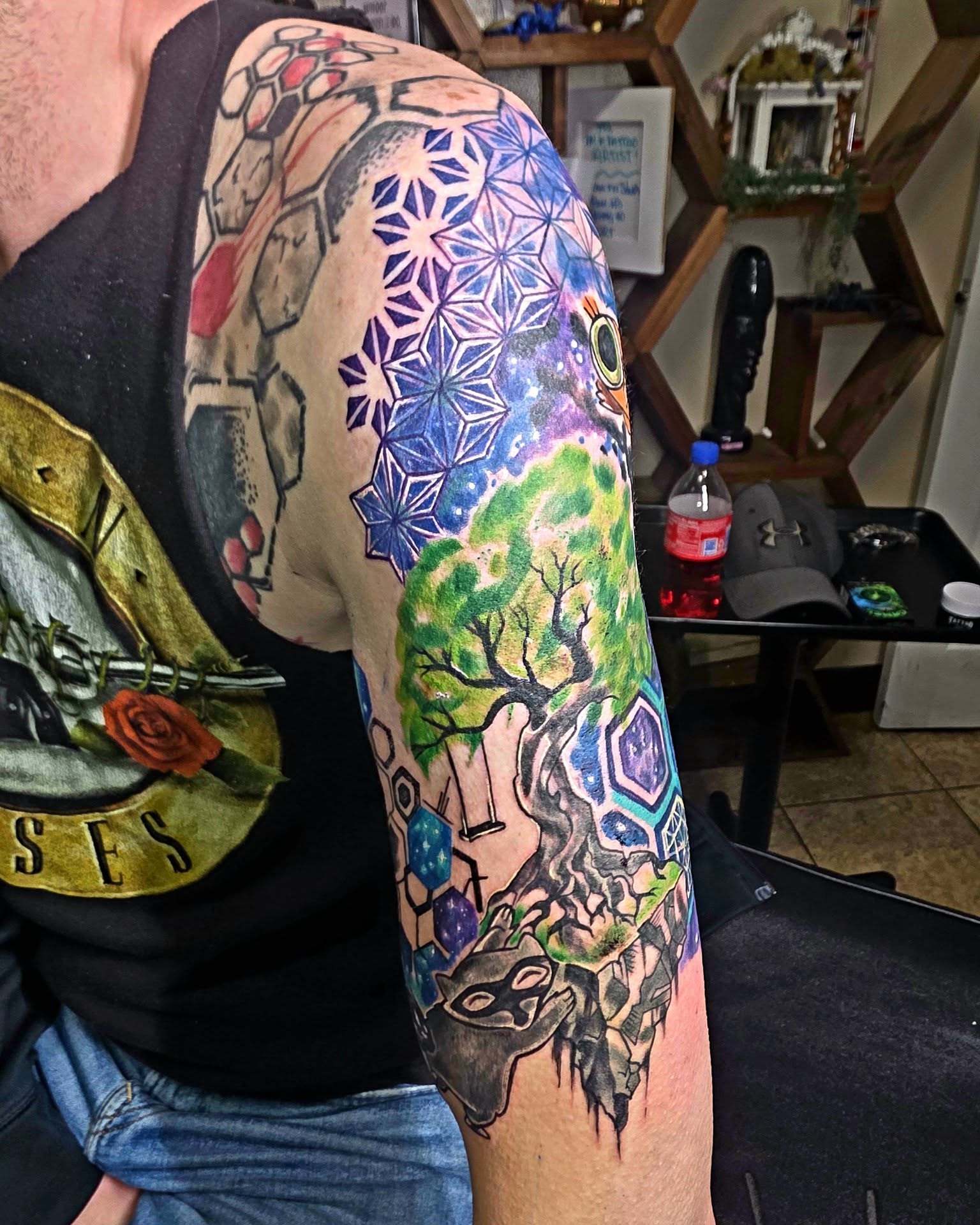 Tree of life and geometric patterns geometric tattoo on the upper arm by Jessica DarkRabbit