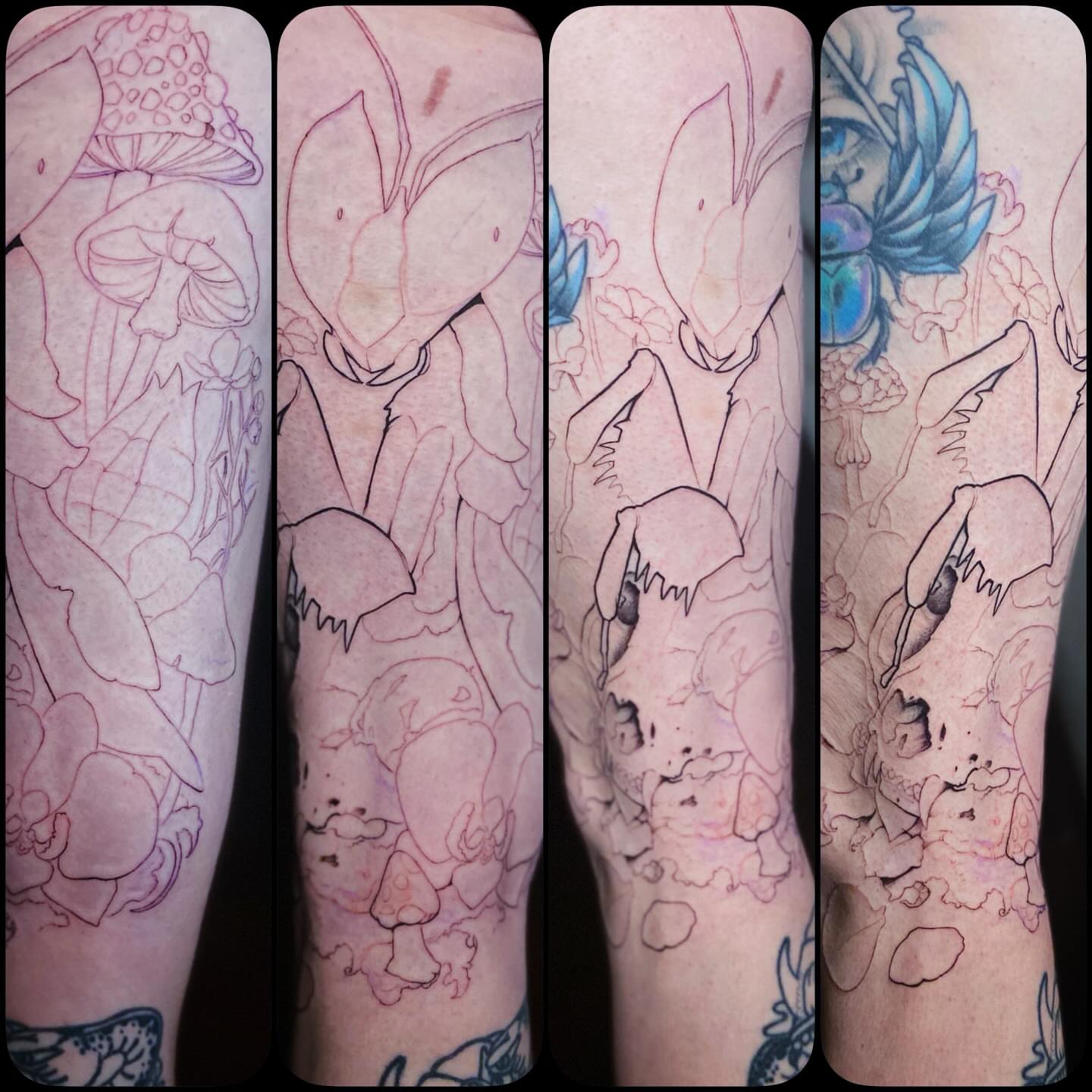 Mushroom and butterfly dotwork tattoo on the forearm by Picasso Dular, Lake Forest, California