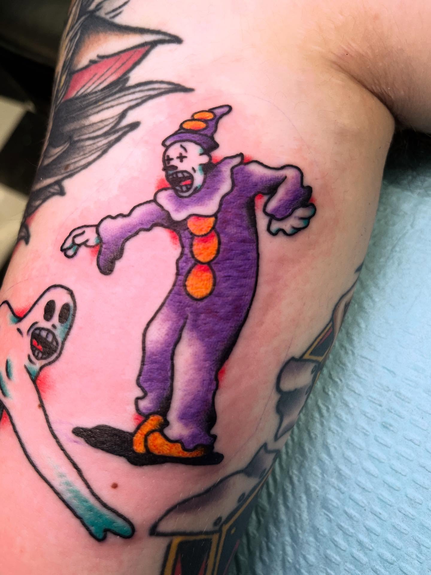 Clown ghost American traditional tattoo on the forearm by Sean Swanson Tattoo Salem Oregon, Salem, Oregon