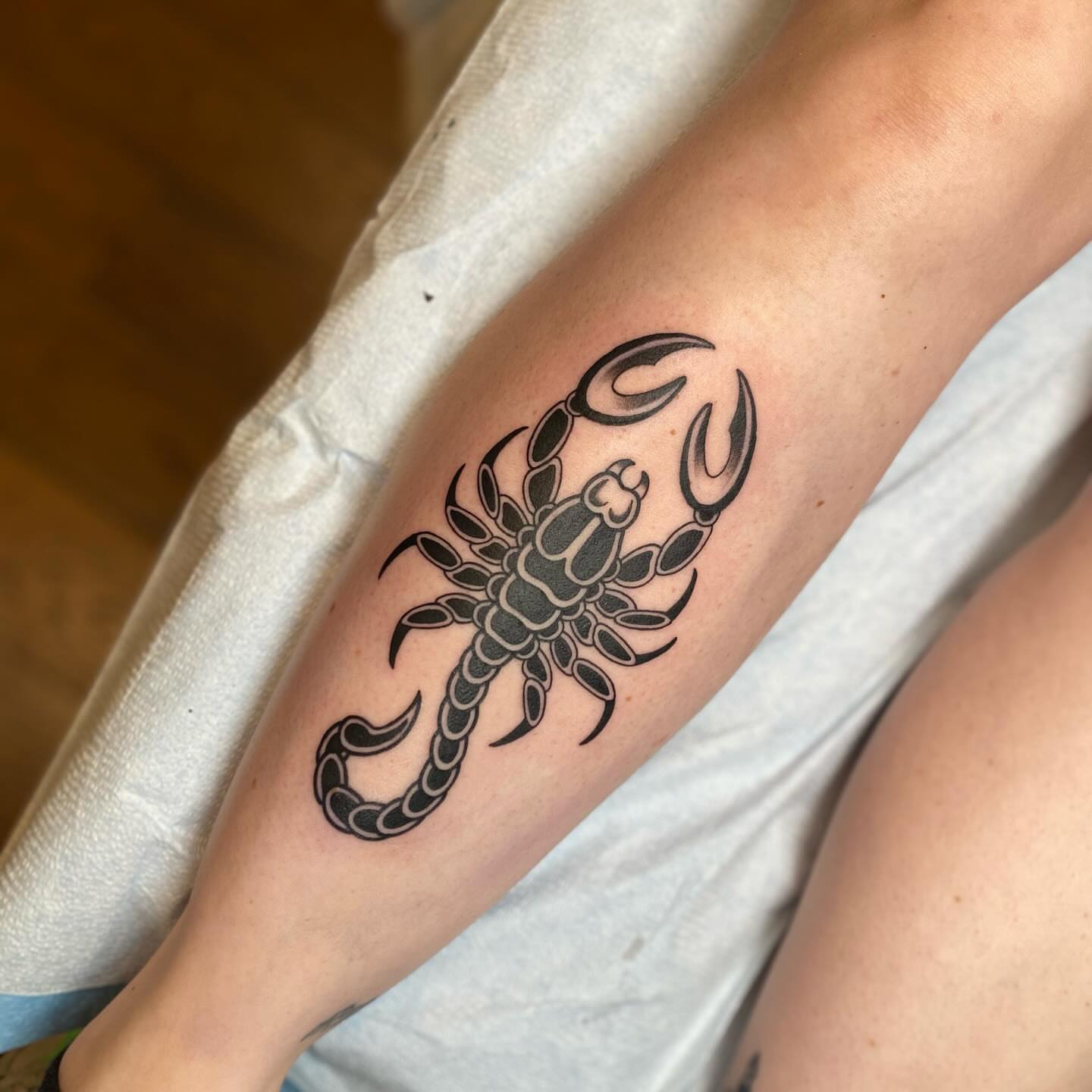 Scorpion black and grey tattoo on the forearm by S C O T T
