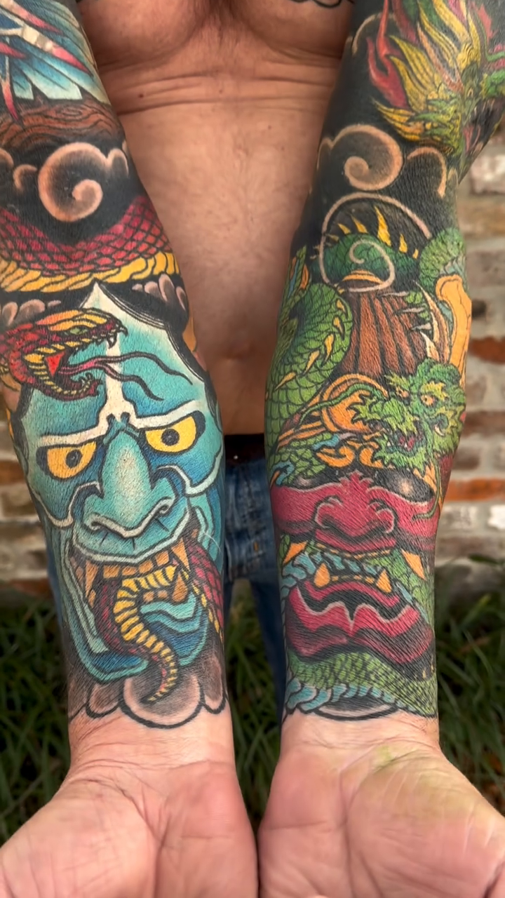 Hannya mask and dragon sleeve japanese irezumi tattoo by Jeremy Justice, New Orleans, Louisiana